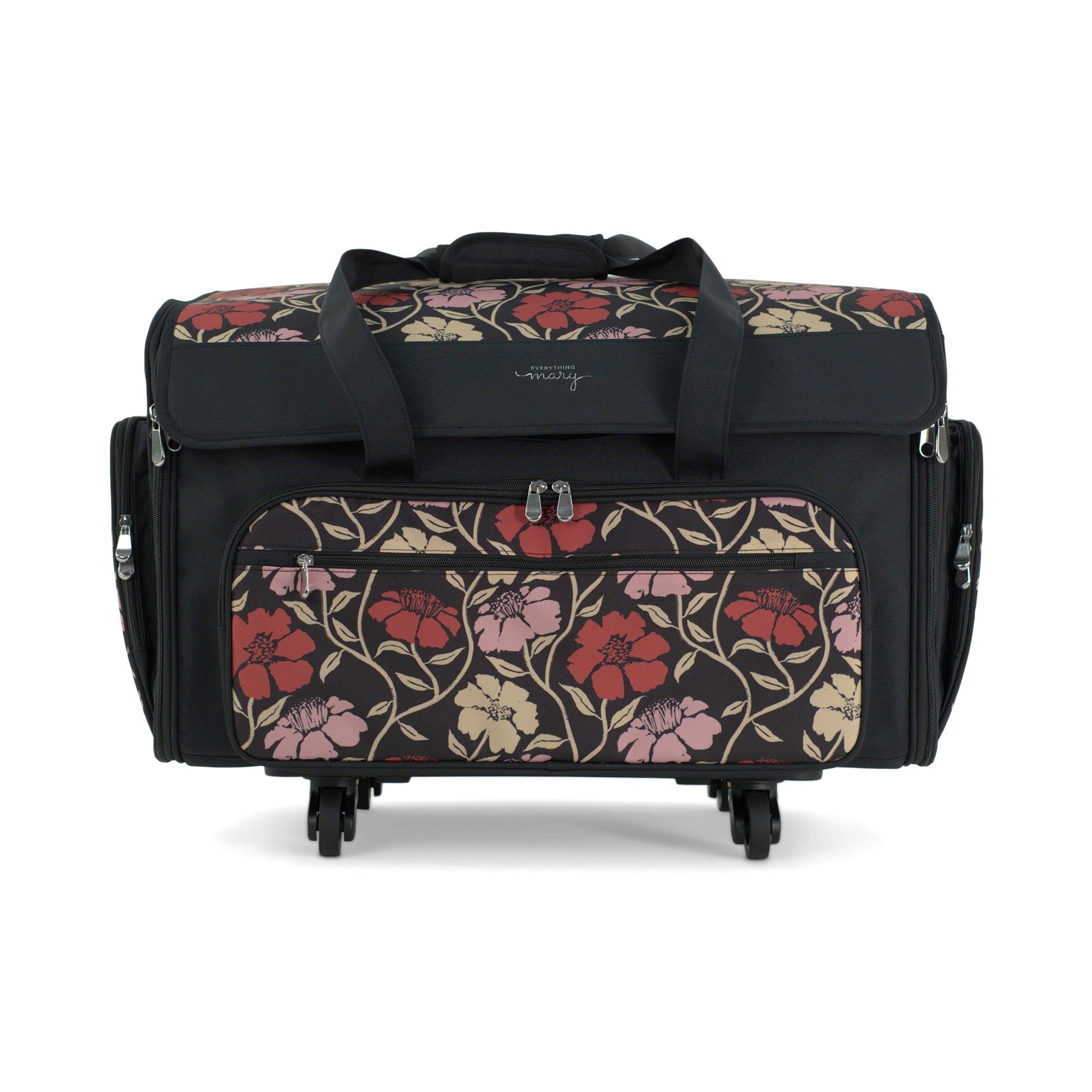 Everything Mary XXL Rolling Sewing Machine Case with Wheels in Red & Tan Floral – Oversized Sewing Machine Tote Bag for Travel & Classes