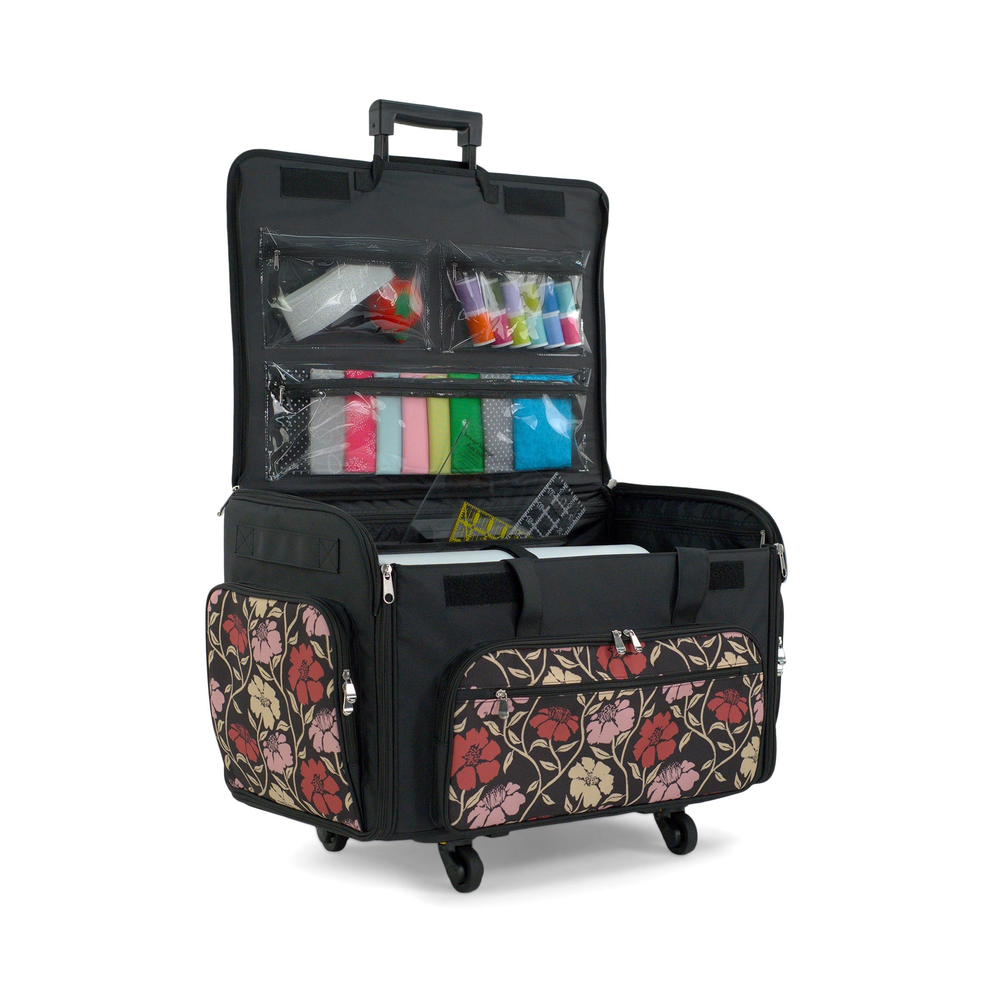 Everything Mary XXL Rolling Sewing Machine Case with Wheels in Red & Tan Floral – Oversized Sewing Machine Tote Bag for Travel & Classes