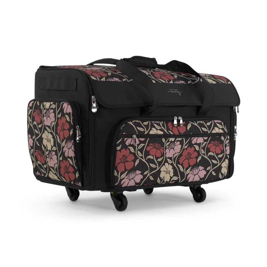 Everything Mary XXL Rolling Sewing Machine Case with Wheels in Red & Tan Floral – Oversized Sewing Machine Tote Bag for Travel & Classes