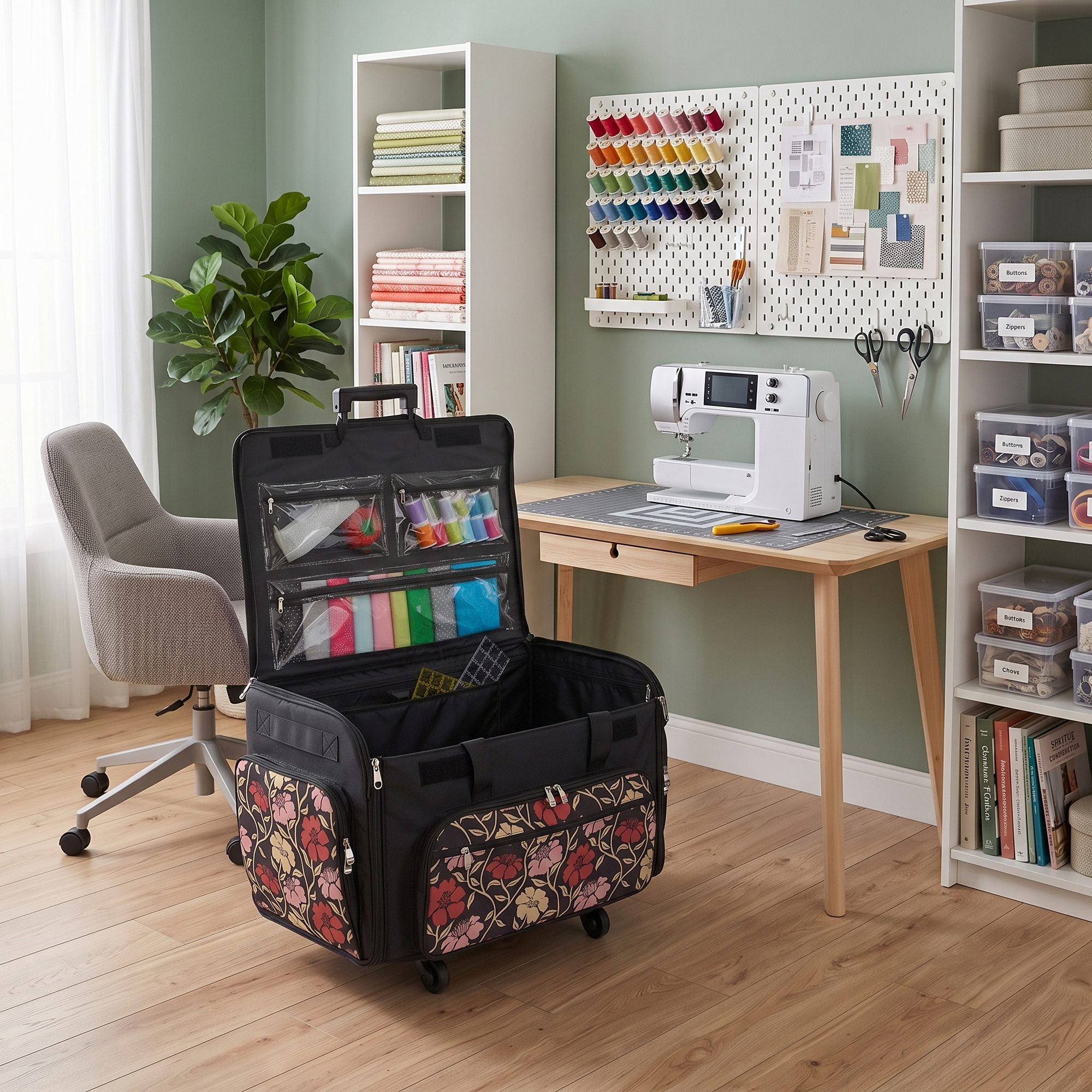Everything Mary XXL Rolling Sewing Machine Case with Wheels in Red & Tan Floral – Oversized Sewing Machine Tote Bag for Travel & Classes