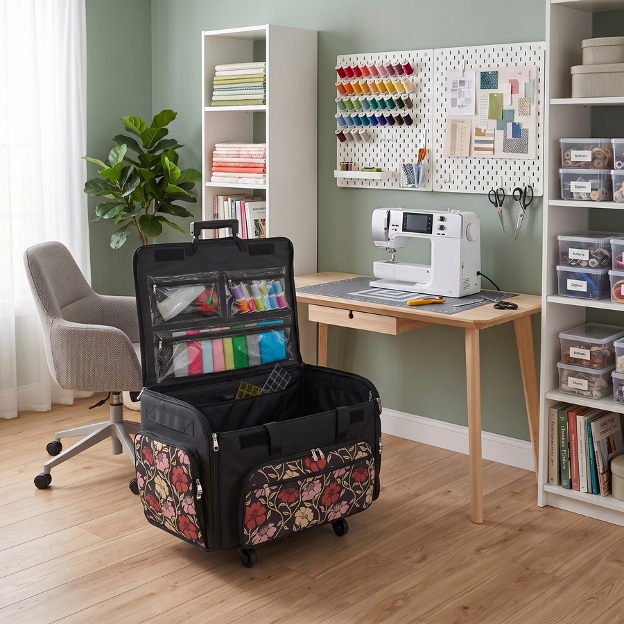 Everything Mary XXL Rolling Sewing Machine Case with Wheels in Red & Tan Floral – Oversized Sewing Machine Tote Bag for Travel & Classes