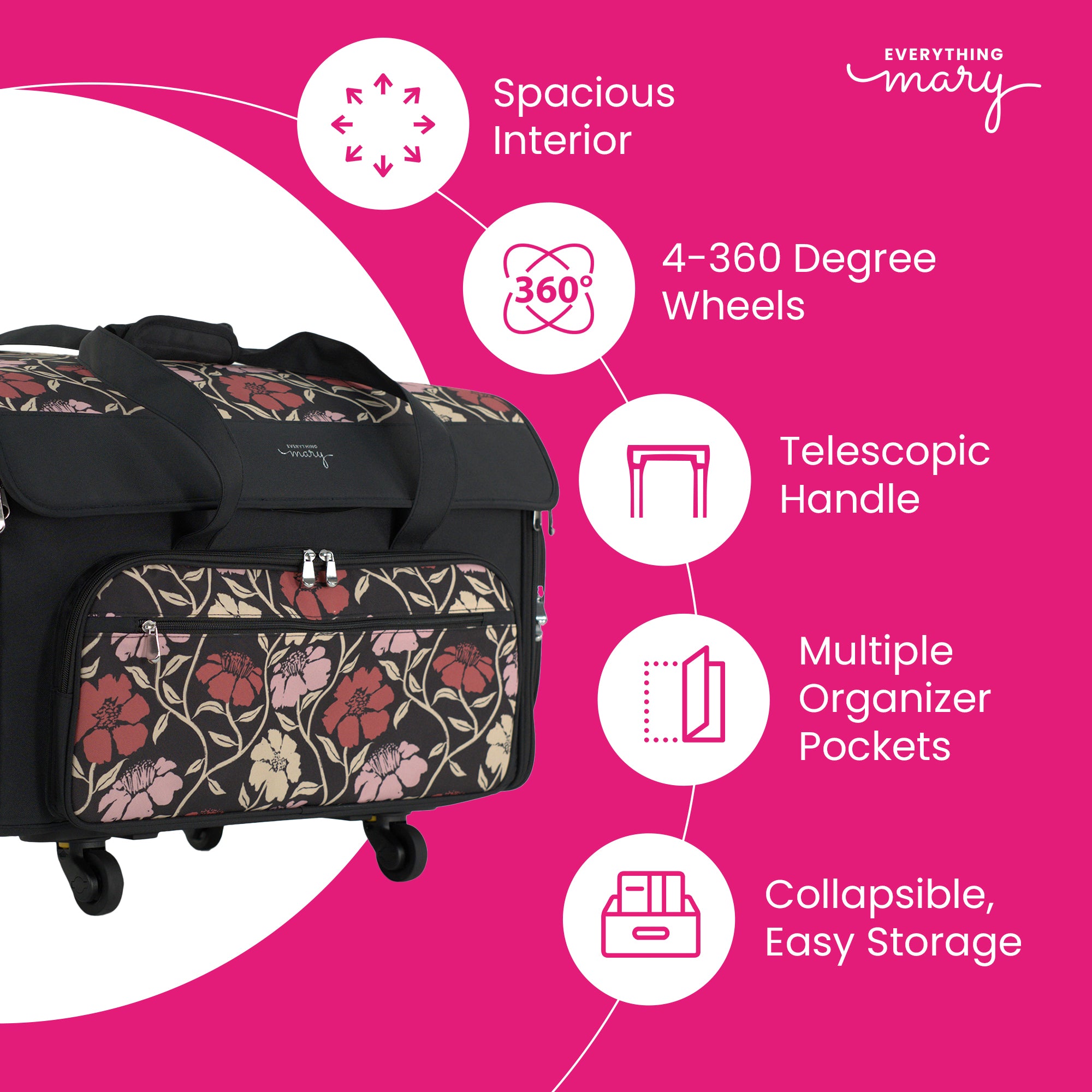 Everything Mary XXL Rolling Sewing Machine Case with Wheels in Red & Tan Floral – Oversized Sewing Machine Tote Bag for Travel & Classes