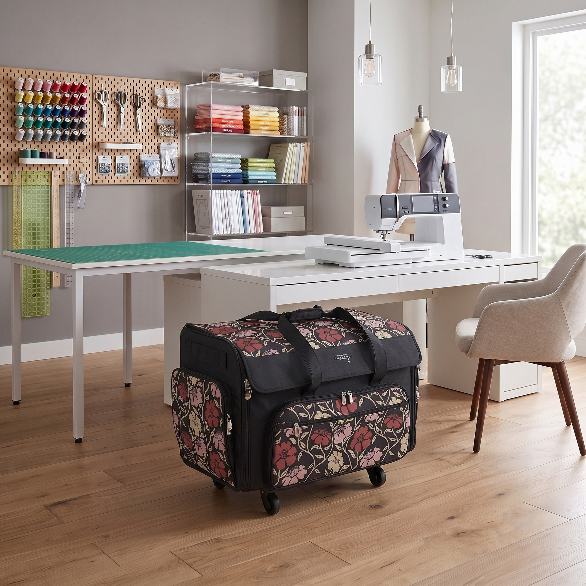 Everything Mary XXL Rolling Sewing Machine Case with Wheels in Red & Tan Floral – Oversized Sewing Machine Tote Bag for Travel & Classes