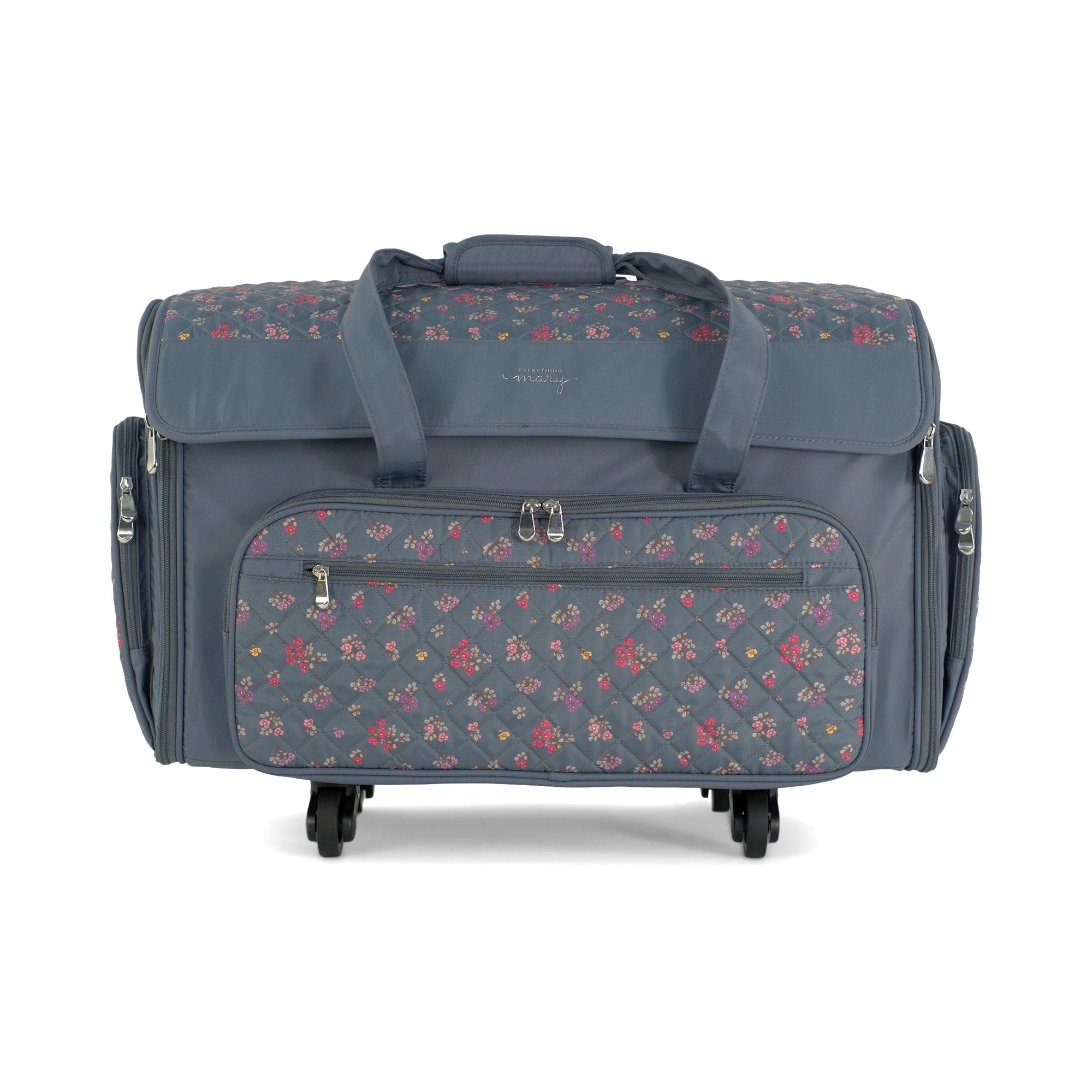 Everything Mary XXL Rolling Sewing Machine Case with Wheels in Grey Quilted Floral – Oversized Sewing Machine Tote Bag for Travel & Classes