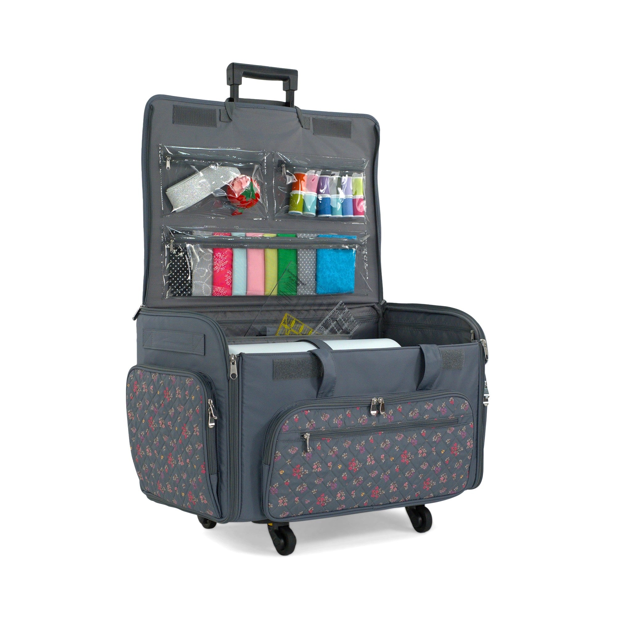 Everything Mary XXL Rolling Sewing Machine Case with Wheels in Grey Quilted Floral – Oversized Sewing Machine Tote Bag for Travel & Classes