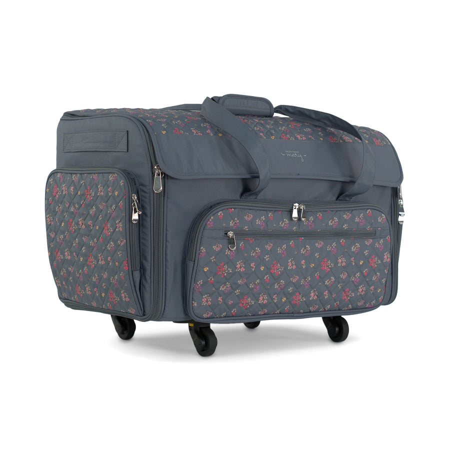 Everything Mary XXL Rolling Sewing Machine Case with Wheels in Grey Quilted Floral – Oversized Sewing Machine Tote Bag for Travel & Classes