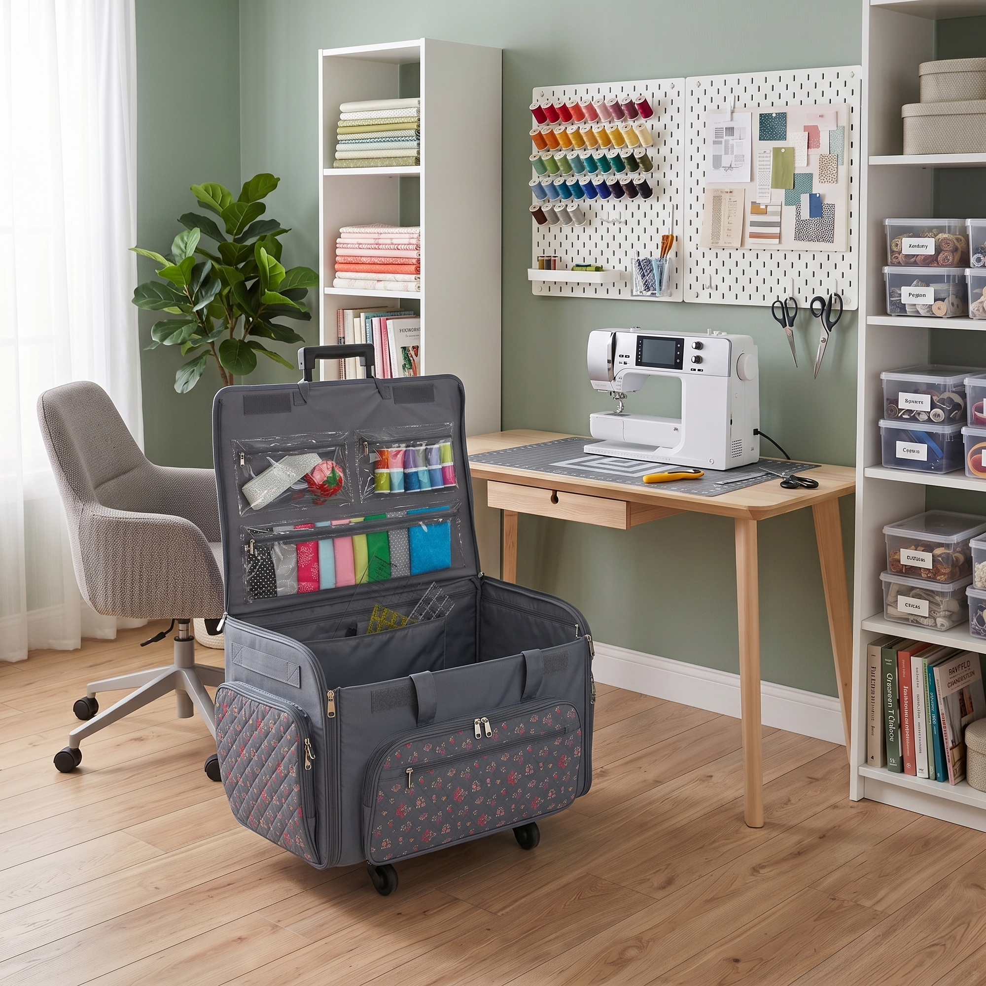 Everything Mary XXL Rolling Sewing Machine Case with Wheels in Grey Quilted Floral – Oversized Sewing Machine Tote Bag for Travel & Classes