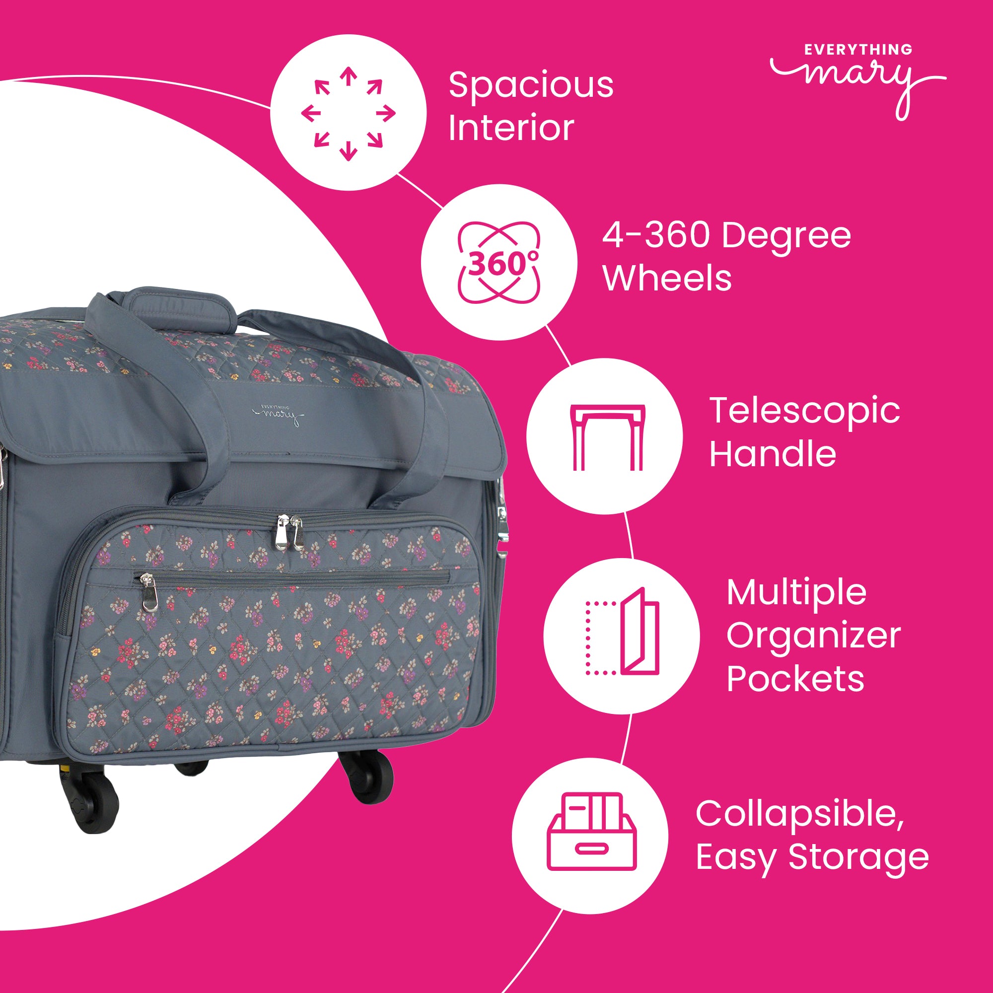 Everything Mary XXL Rolling Sewing Machine Case with Wheels in Grey Quilted Floral – Oversized Sewing Machine Tote Bag for Travel & Classes