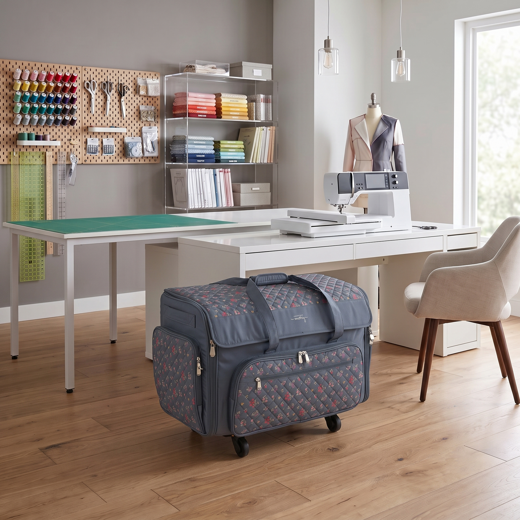 Everything Mary XXL Rolling Sewing Machine Case with Wheels in Grey Quilted Floral – Oversized Sewing Machine Tote Bag for Travel & Classes