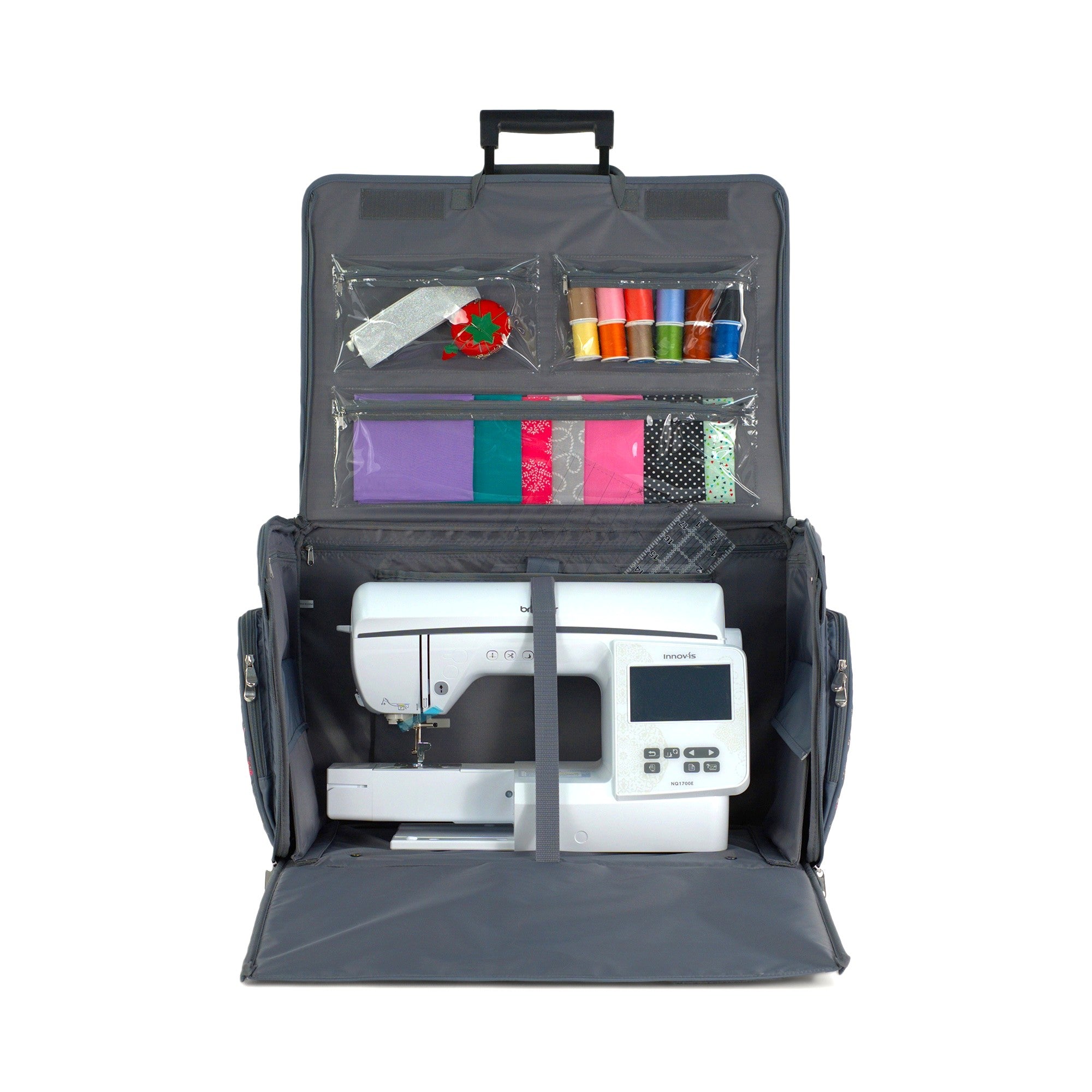 Everything Mary XXL Rolling Sewing Machine Case with Wheels in Grey Quilted Floral – Oversized Sewing Machine Tote Bag for Travel & Classes