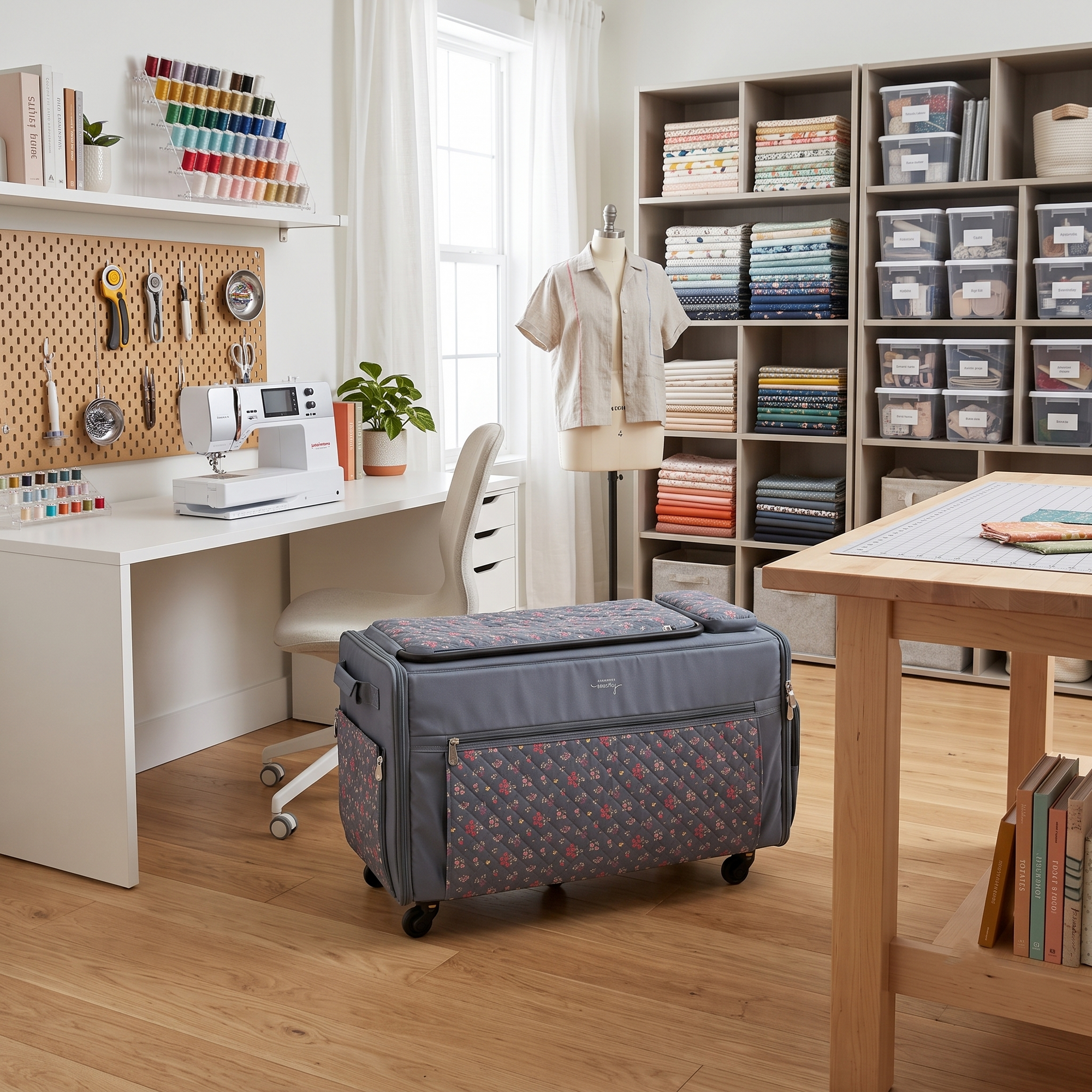 Everything Mary Jumbo Rolling Sewing Machine Case with 5 Wheels in Grey Quilted Floral – Extra-Large Padded Craft Storage Tote for Travel & Classes