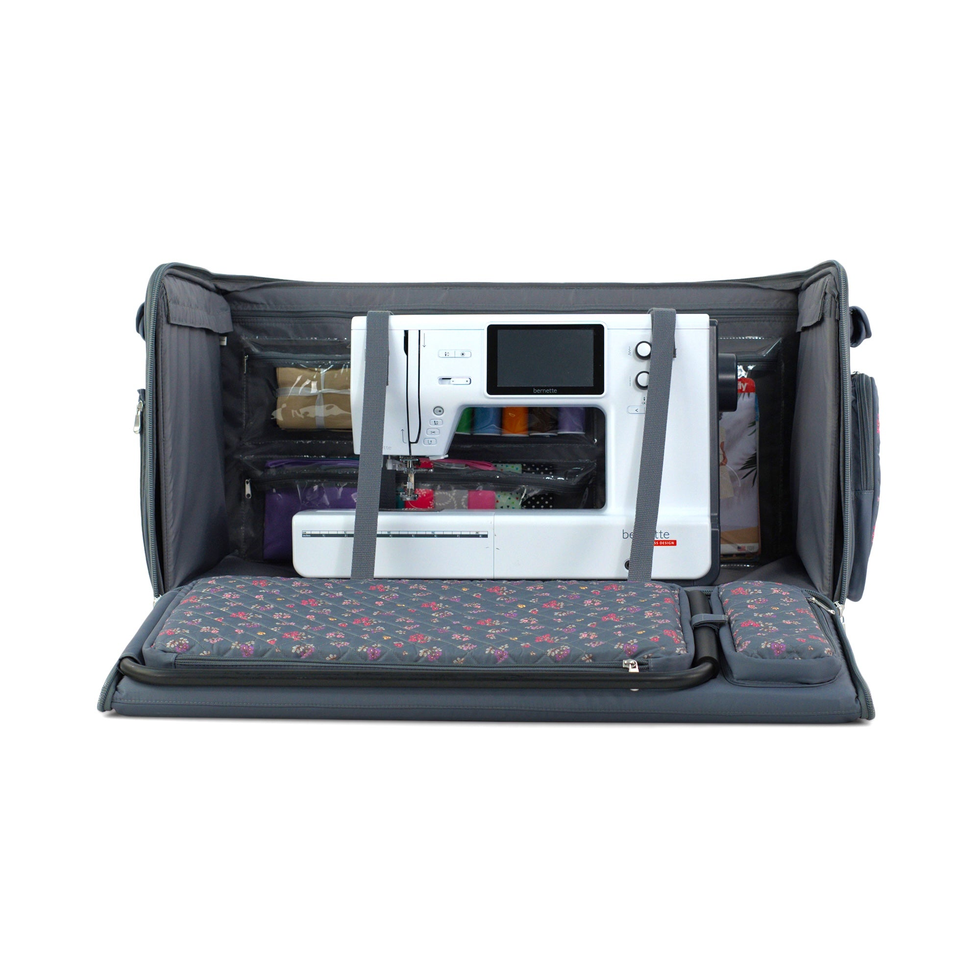 Everything Mary Jumbo Rolling Sewing Machine Case with 5 Wheels in Grey Quilted Floral – Extra-Large Padded Craft Storage Tote for Travel & Classes