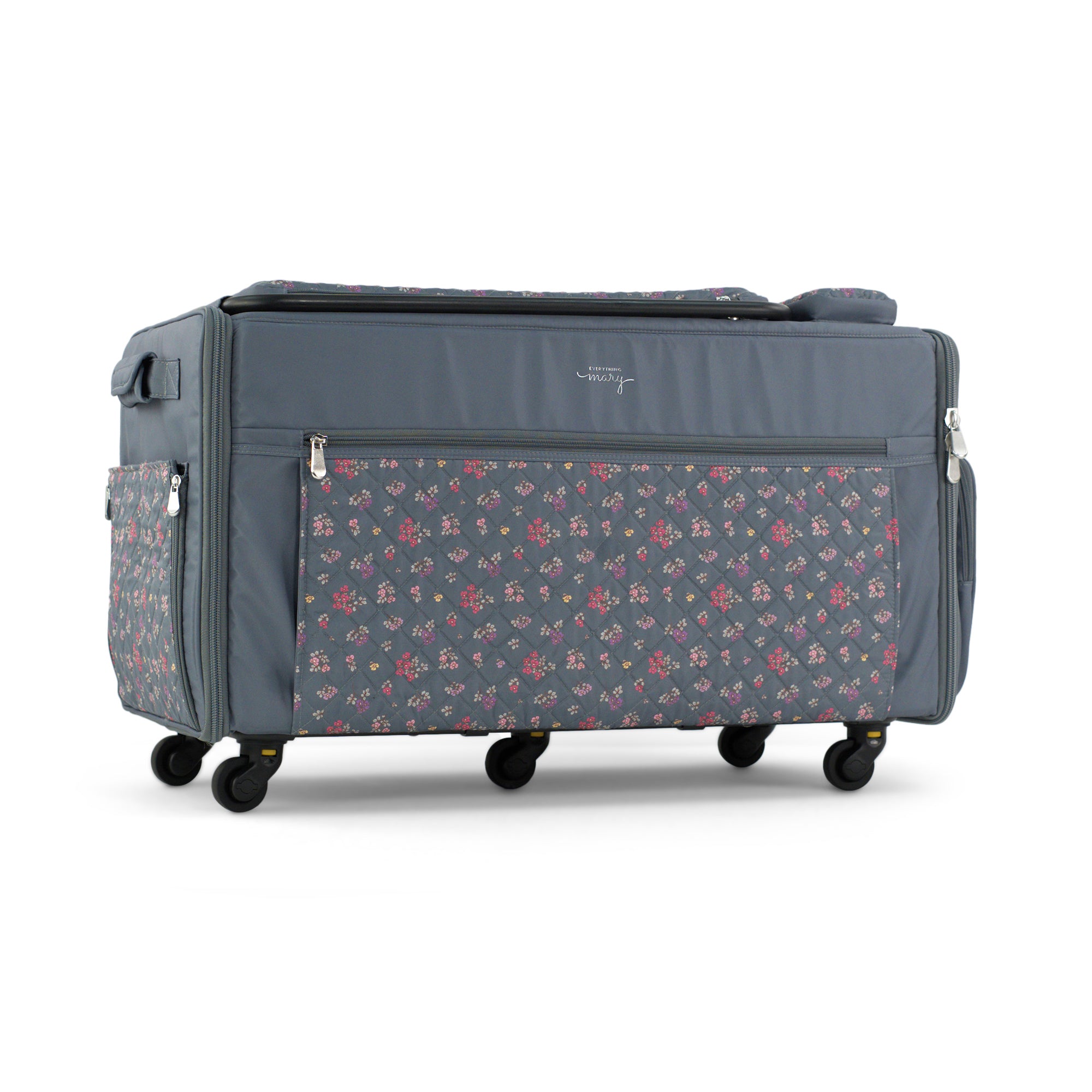 Everything Mary Jumbo Rolling Sewing Machine Case with 5 Wheels in Grey Quilted Floral – Extra-Large Padded Craft Storage Tote for Travel & Classes