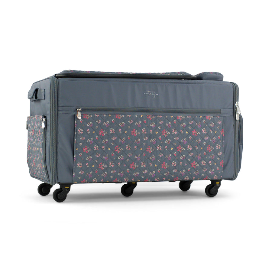 Everything Mary Jumbo Rolling Sewing Machine Case with 5 Wheels in Grey Quilted Floral – Extra-Large Padded Craft Storage Tote for Travel & Classes