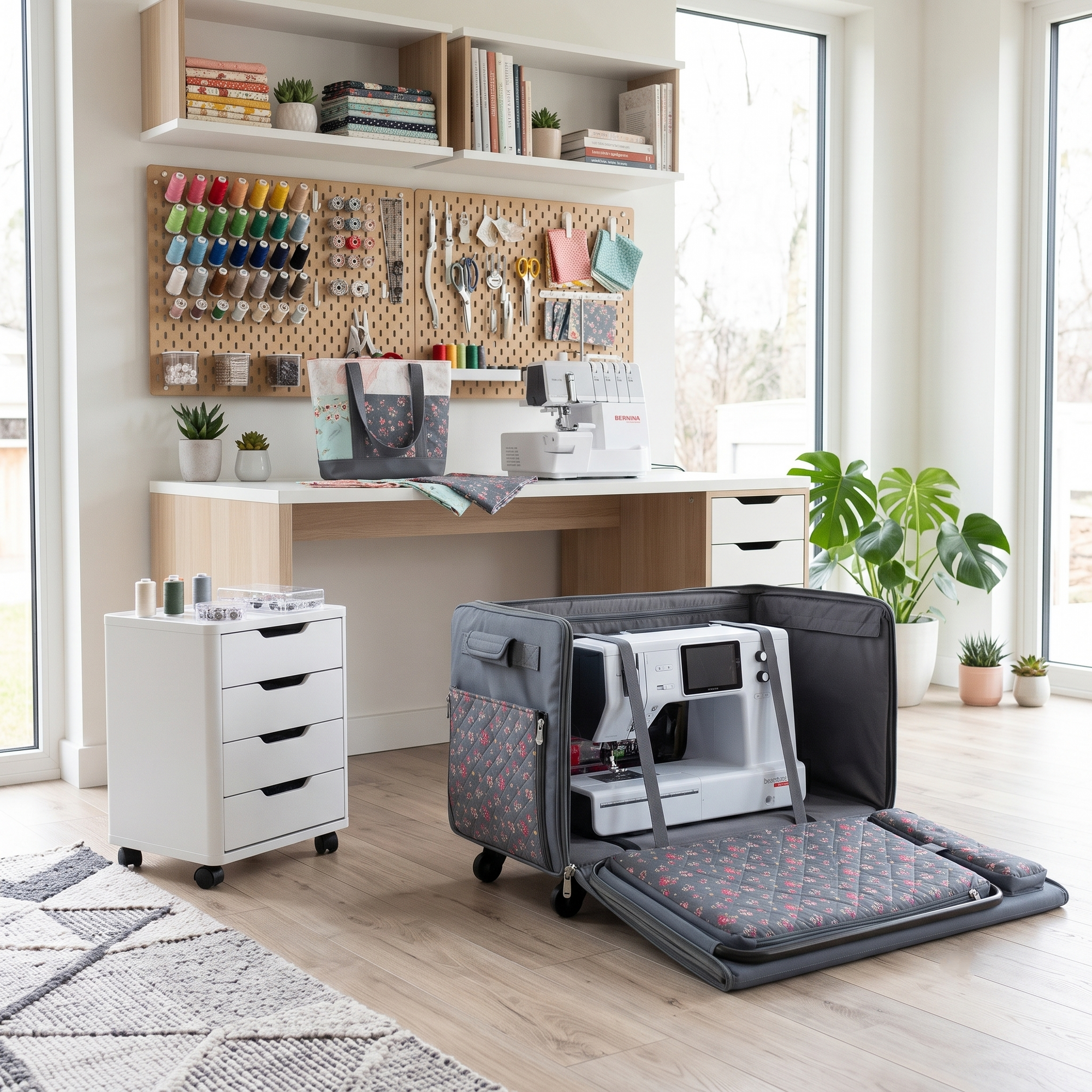 Everything Mary Jumbo Rolling Sewing Machine Case with 5 Wheels in Grey Quilted Floral – Extra-Large Padded Craft Storage Tote for Travel & Classes
