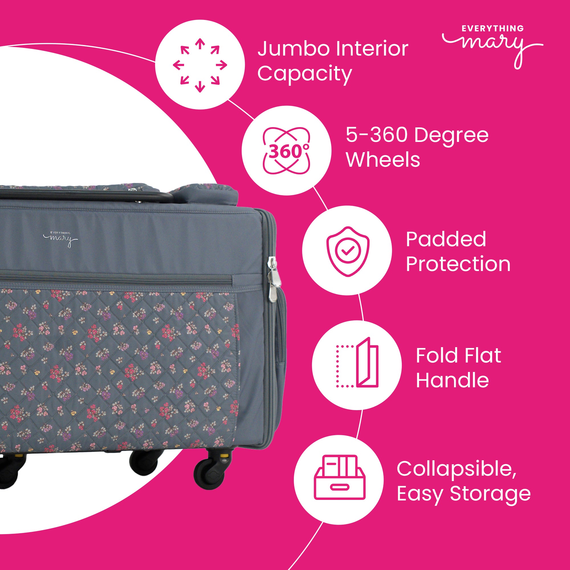 Everything Mary Jumbo Rolling Sewing Machine Case with 5 Wheels in Grey Quilted Floral – Extra-Large Padded Craft Storage Tote for Travel & Classes