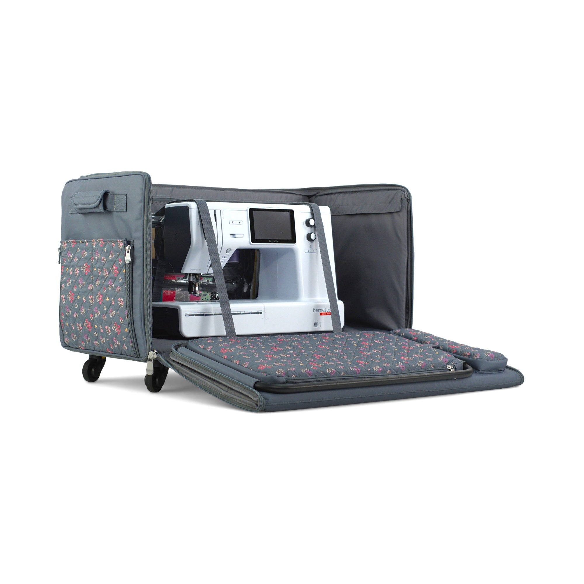 Everything Mary Jumbo Rolling Sewing Machine Case with 5 Wheels in Grey Quilted Floral – Extra-Large Padded Craft Storage Tote for Travel & Classes