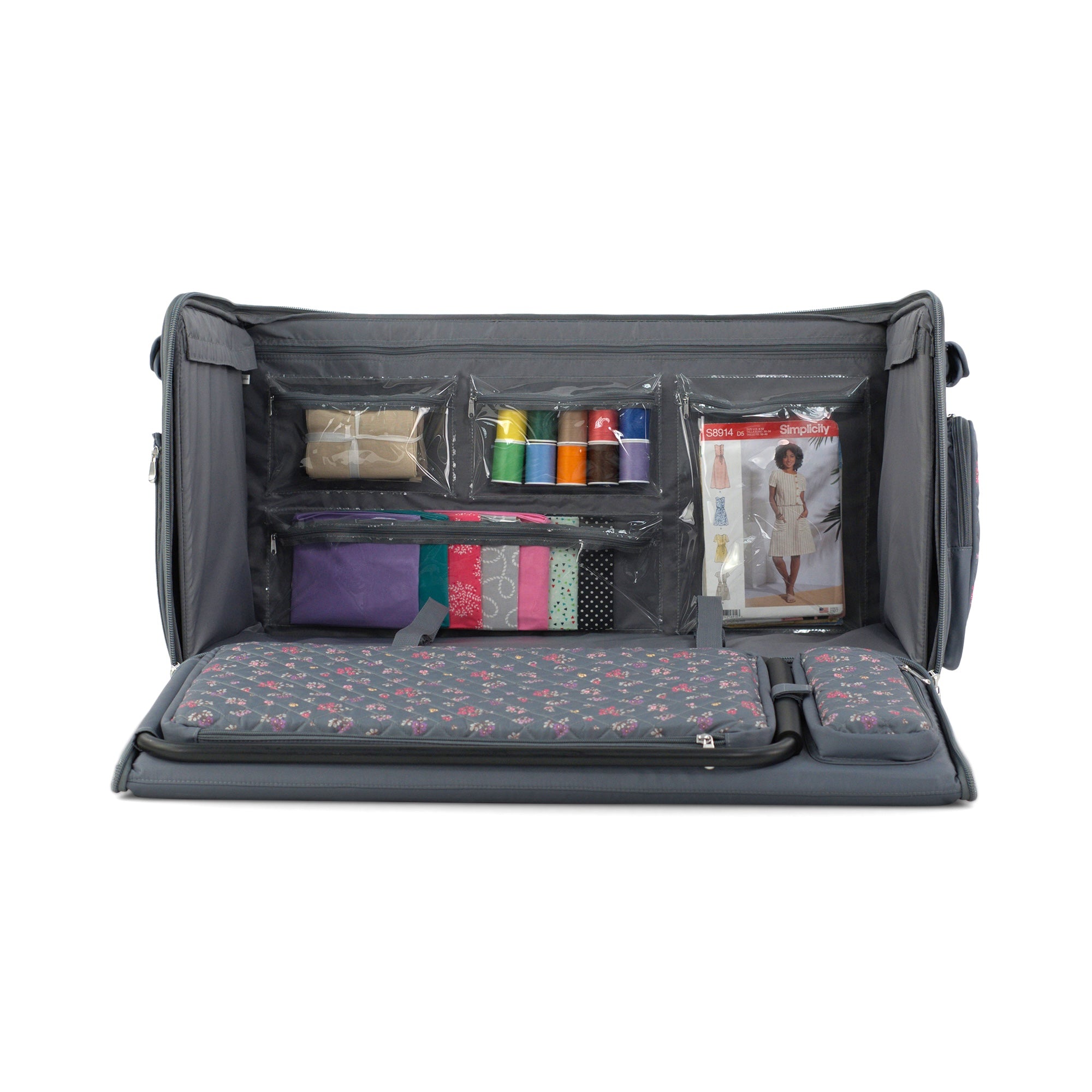 Everything Mary Jumbo Rolling Sewing Machine Case with 5 Wheels in Grey Quilted Floral – Extra-Large Padded Craft Storage Tote for Travel & Classes