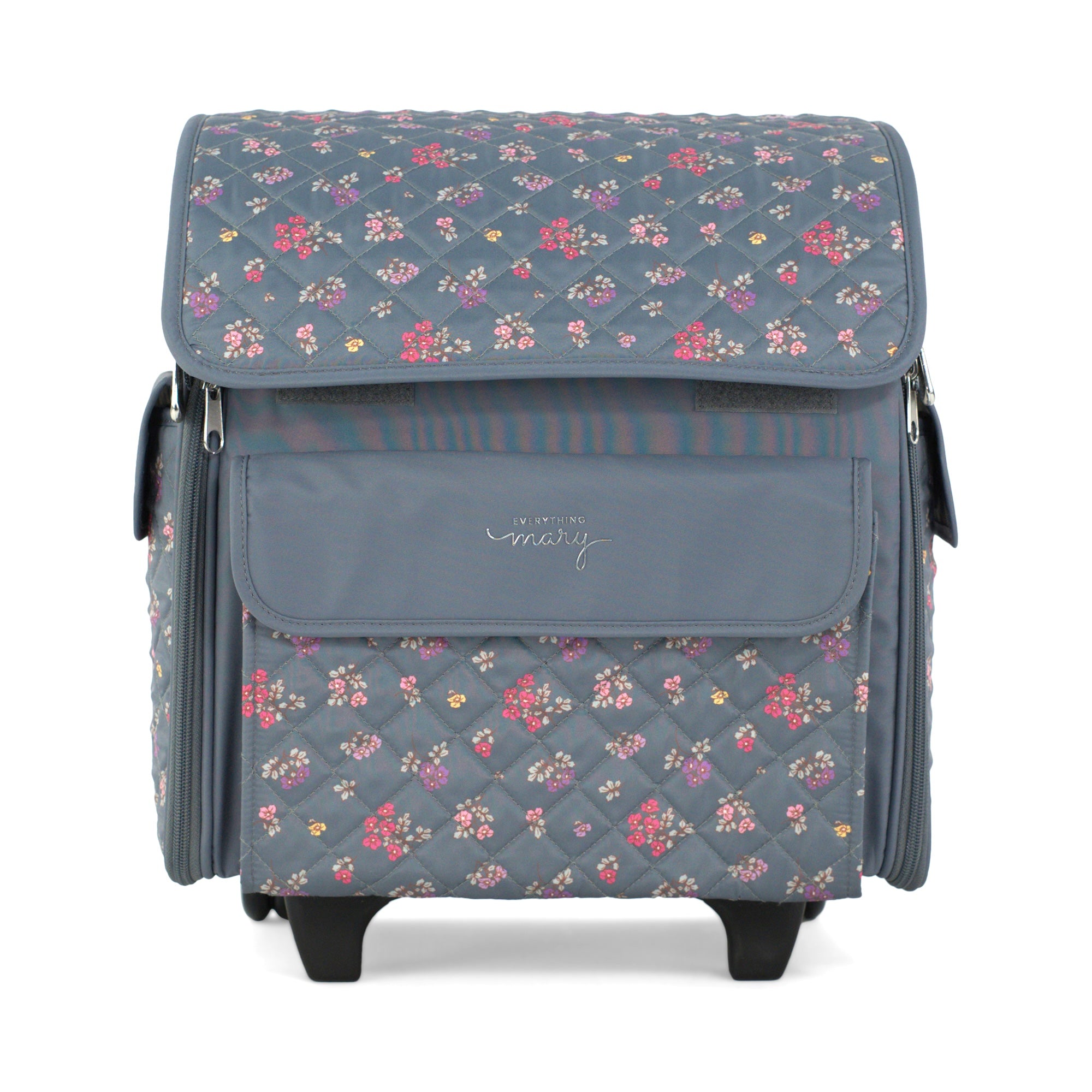 Everything Mary Rolling Serger Tote with Wheels in Grey Quilted Floral – Serger Machine Carrying Case with Securing Strap for Travel & Classes