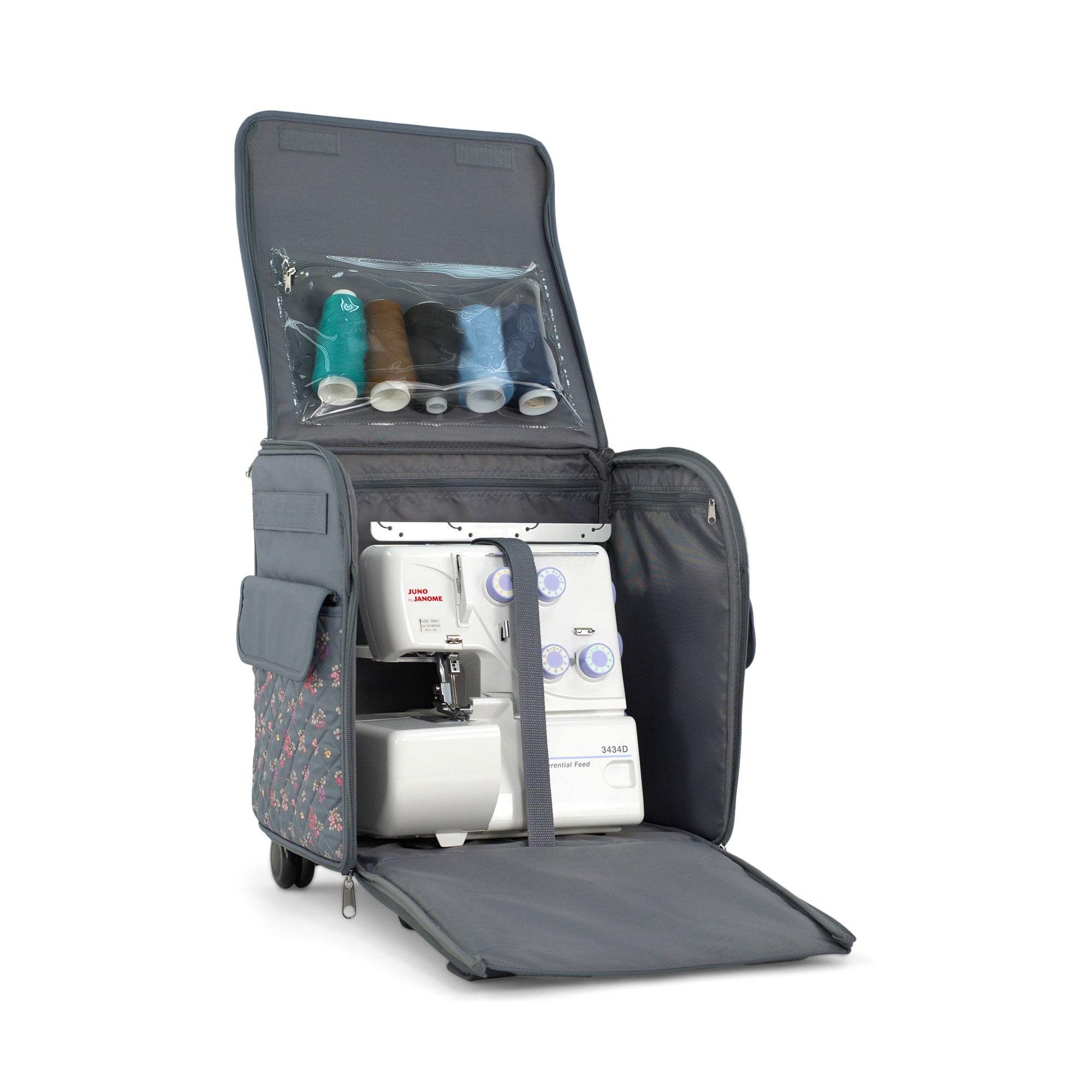 Everything Mary Rolling Serger Tote with Wheels in Grey Quilted Floral – Serger Machine Carrying Case with Securing Strap for Travel & Classes