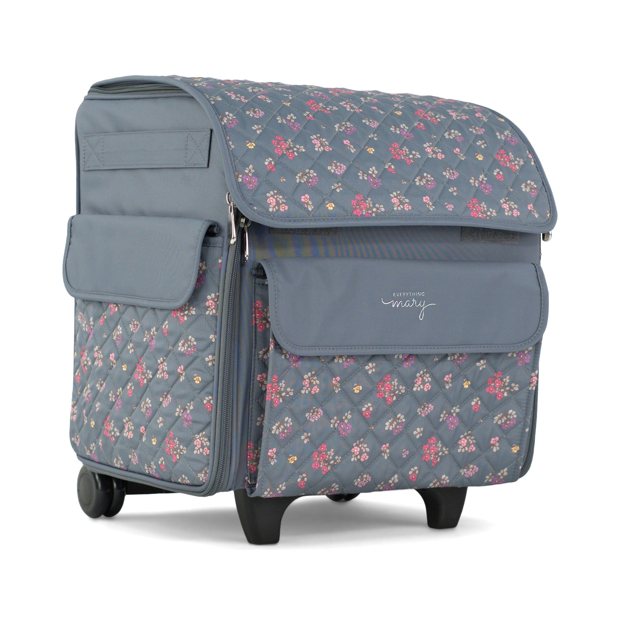 Everything Mary Rolling Serger Tote with Wheels in Grey Quilted Floral – Serger Machine Carrying Case with Securing Strap for Travel & Classes