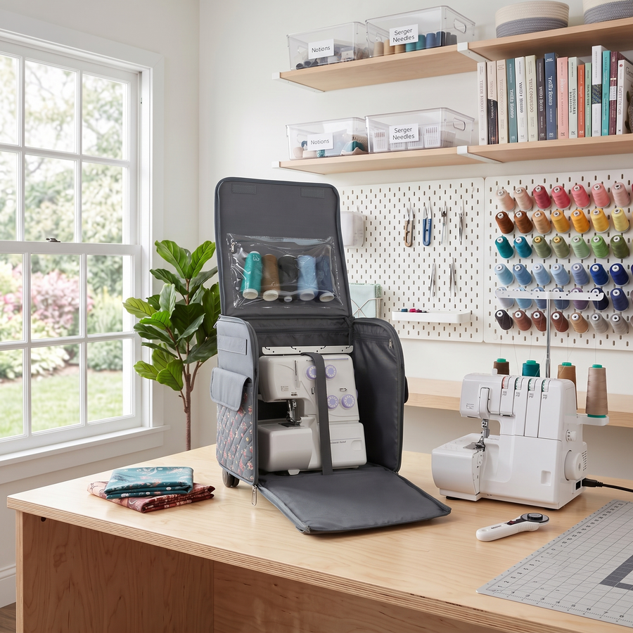 Everything Mary Rolling Serger Tote with Wheels in Grey Quilted Floral – Serger Machine Carrying Case with Securing Strap for Travel & Classes