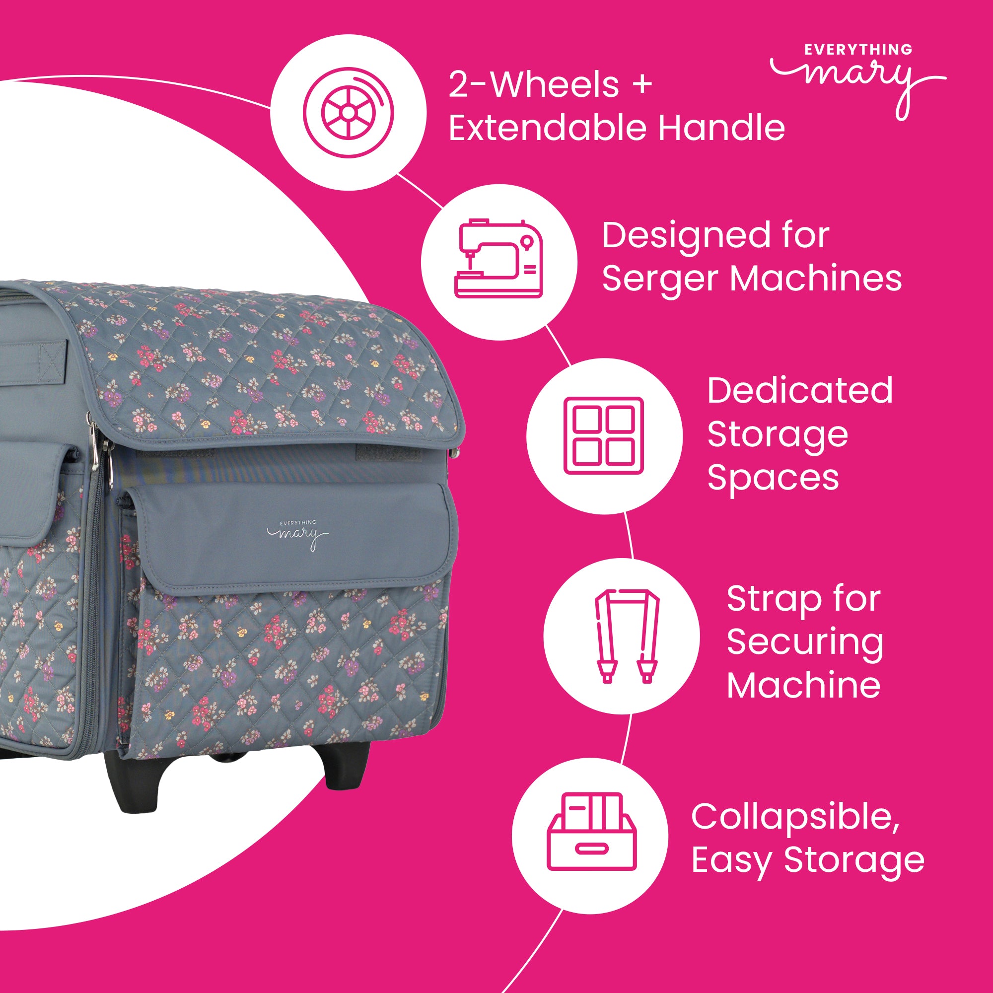 Everything Mary Rolling Serger Tote with Wheels in Grey Quilted Floral – Serger Machine Carrying Case with Securing Strap for Travel & Classes