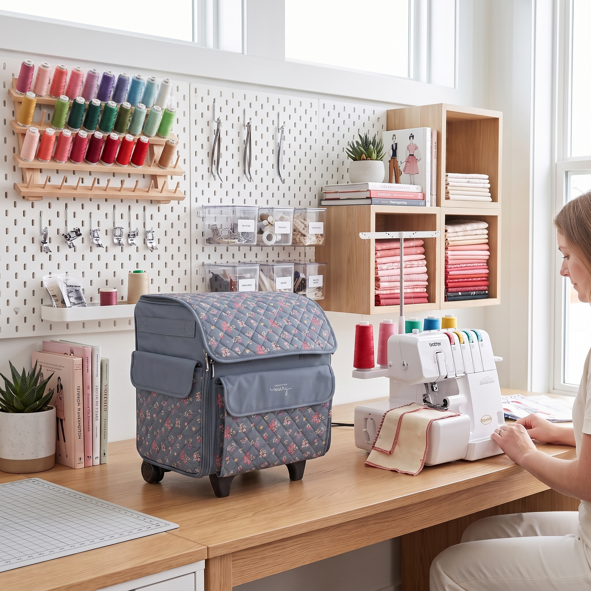 Everything Mary Rolling Serger Tote with Wheels in Grey Quilted Floral – Serger Machine Carrying Case with Securing Strap for Travel & Classes