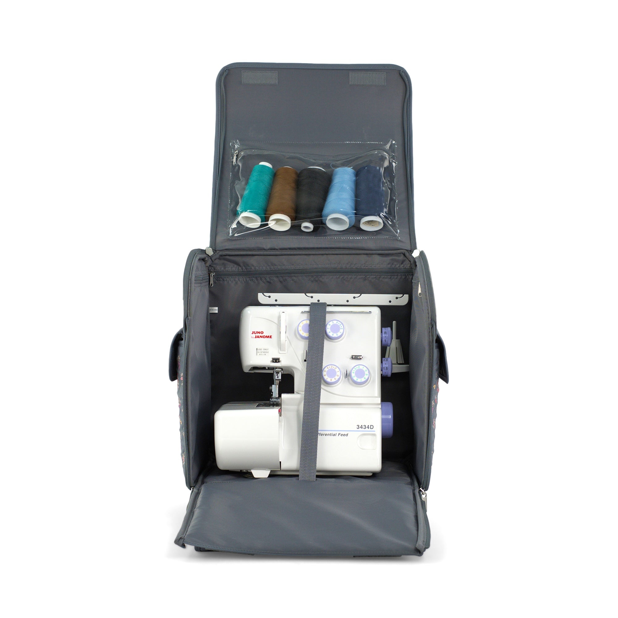 Everything Mary Rolling Serger Tote with Wheels in Grey Quilted Floral – Serger Machine Carrying Case with Securing Strap for Travel & Classes
