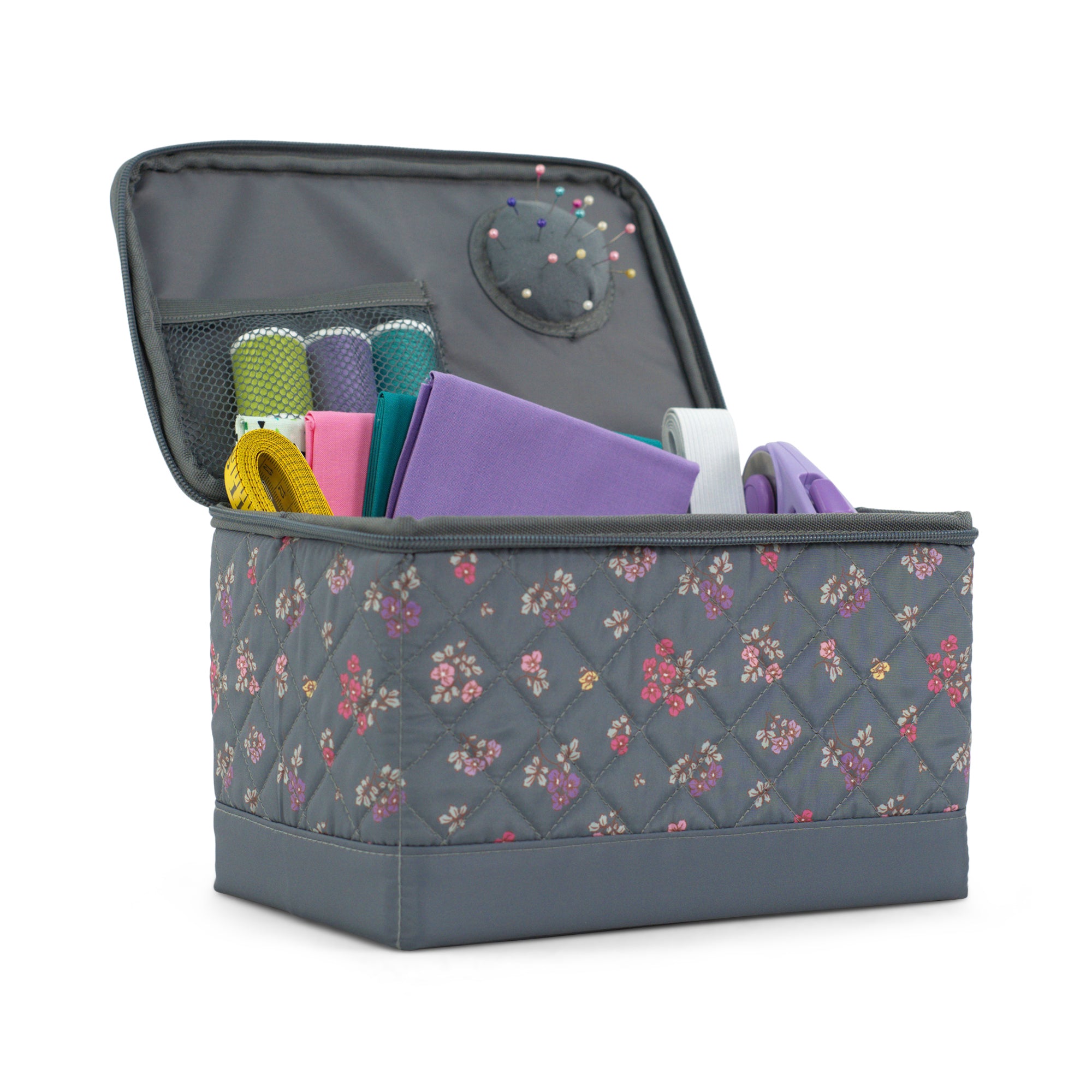 Everything Mary Sewing Box Organizer in Grey Quilted Floral – Soft-Side Collapsible Sewing Kit Caddy with Pin Cushion & Storage Pocket for Notions