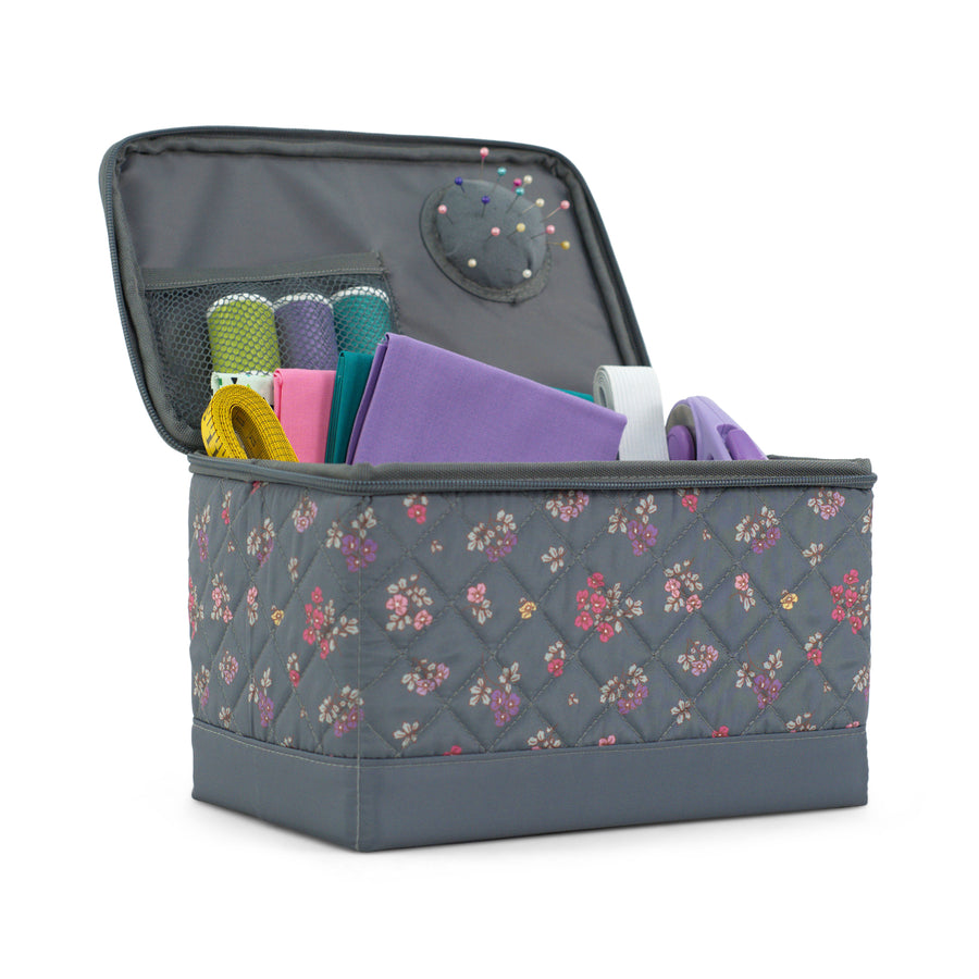 Everything Mary Sewing Box Organizer in Grey Quilted Floral – Soft-Side Collapsible Sewing Kit Caddy with Pin Cushion & Storage Pocket for Notions