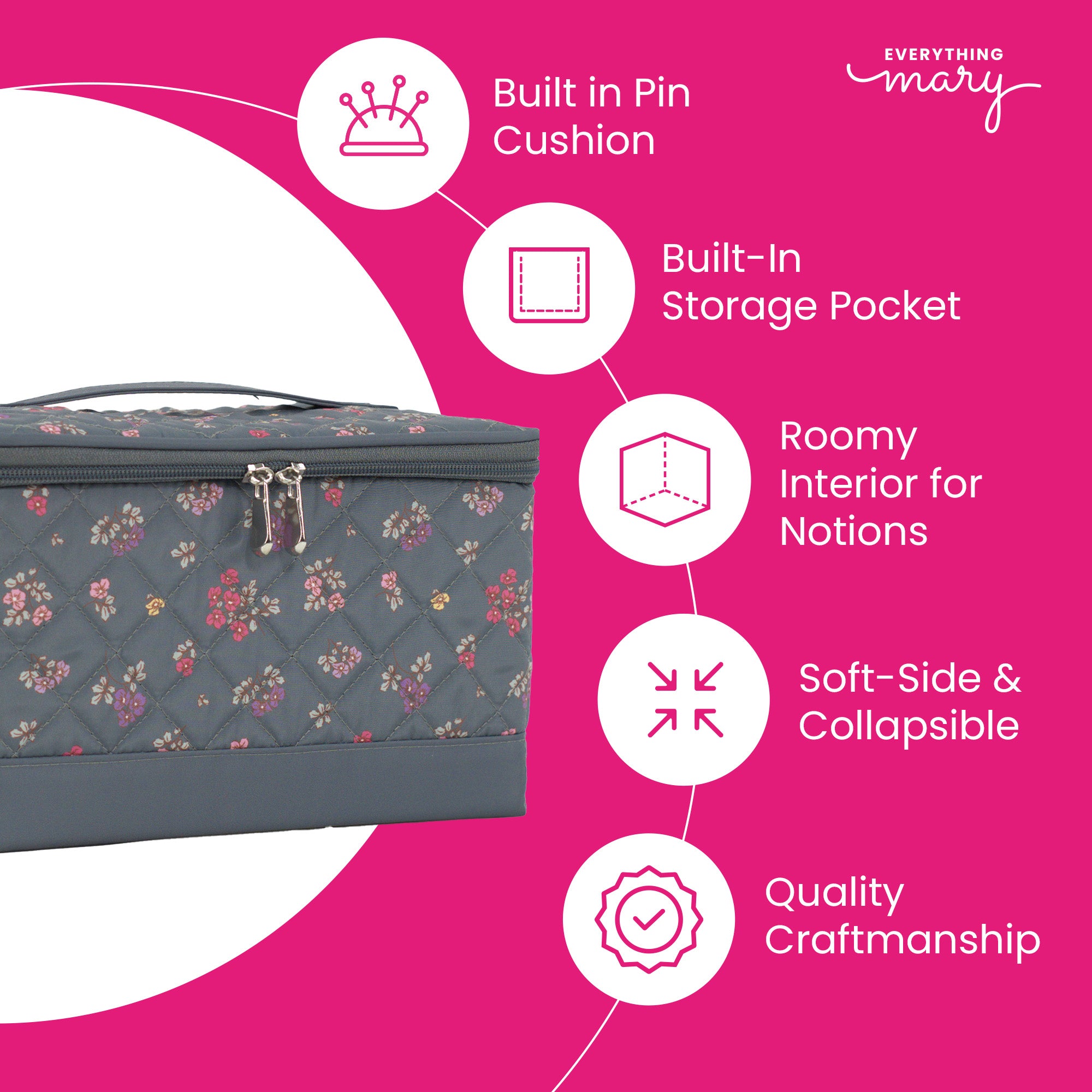 Everything Mary Sewing Box Organizer in Grey Quilted Floral – Soft-Side Collapsible Sewing Kit Caddy with Pin Cushion & Storage Pocket for Notions
