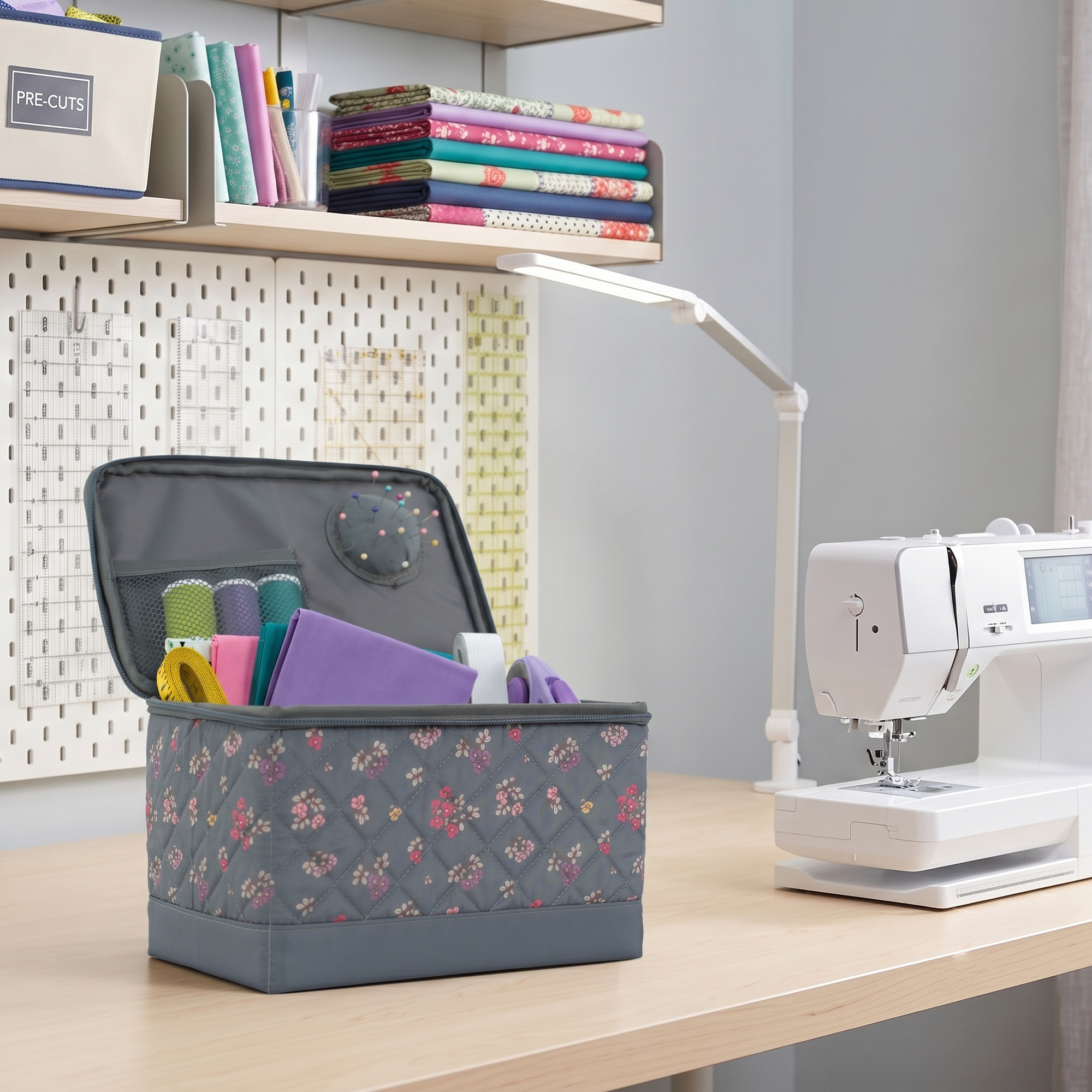 Everything Mary Sewing Box Organizer in Grey Quilted Floral – Soft-Side Collapsible Sewing Kit Caddy with Pin Cushion & Storage Pocket for Notions