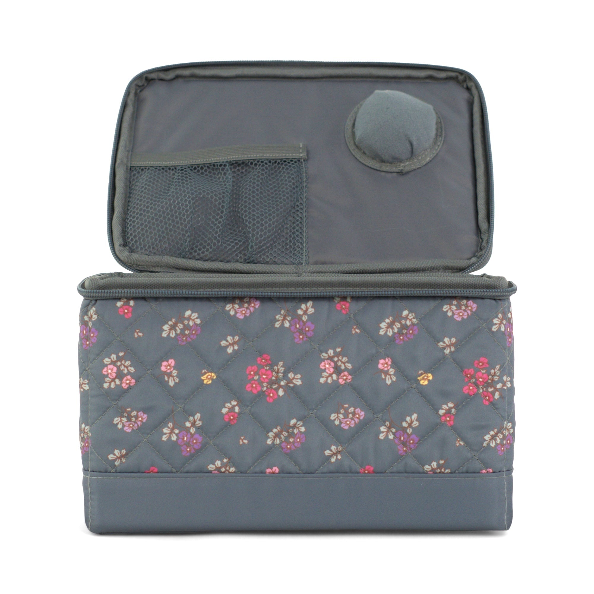 Everything Mary Sewing Box Organizer in Grey Quilted Floral – Soft-Side Collapsible Sewing Kit Caddy with Pin Cushion & Storage Pocket for Notions