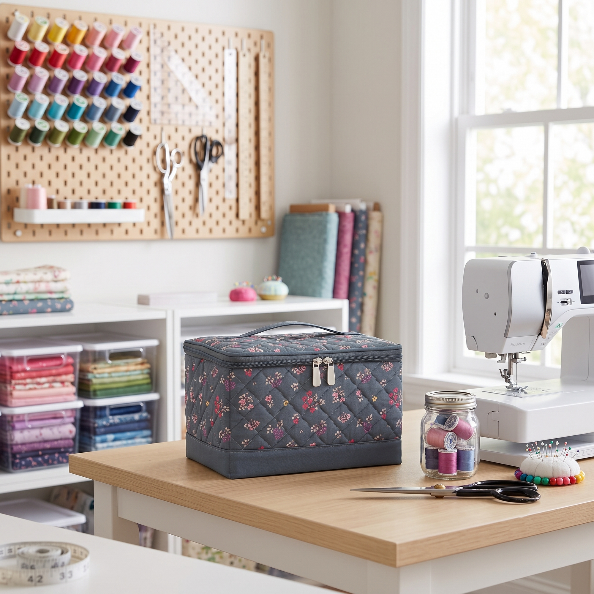 Everything Mary Sewing Box Organizer in Grey Quilted Floral – Soft-Side Collapsible Sewing Kit Caddy with Pin Cushion & Storage Pocket for Notions