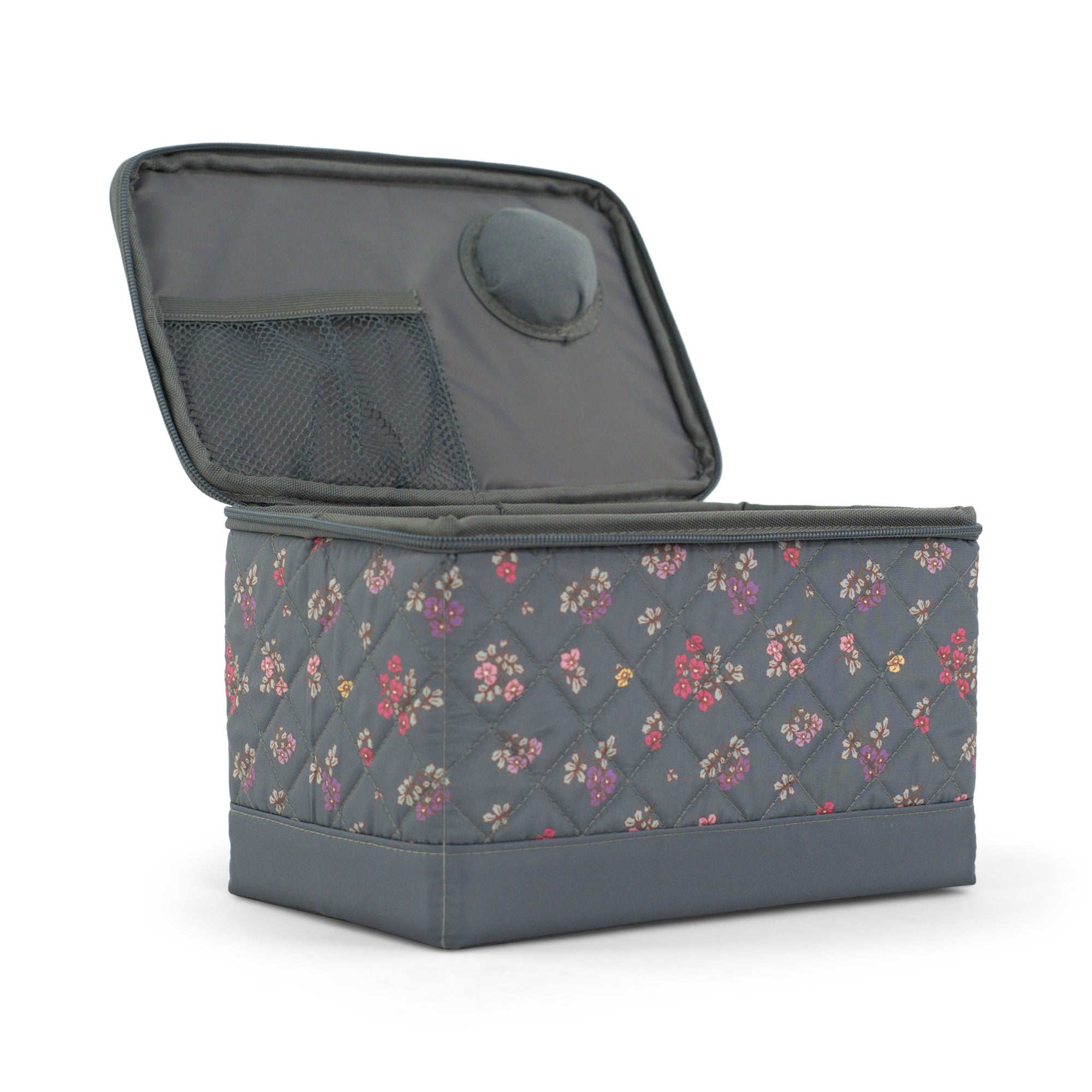 Everything Mary Sewing Box Organizer in Grey Quilted Floral – Soft-Side Collapsible Sewing Kit Caddy with Pin Cushion & Storage Pocket for Notions