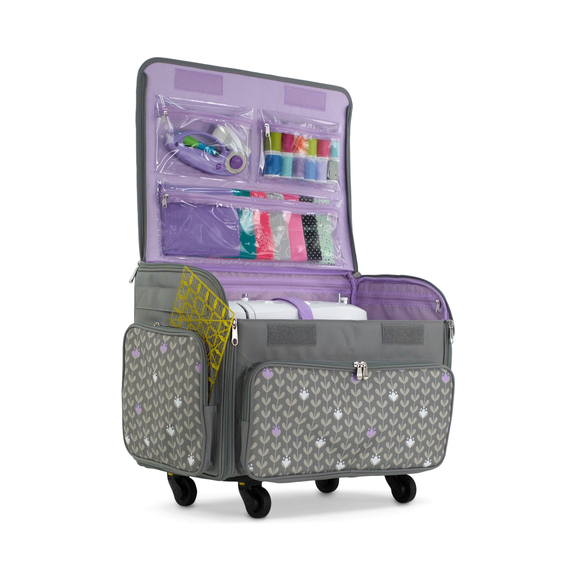 Everything Mary XL Rolling Sewing Machine Case with Wheels in Purple Floral – Sewing Machine Tote Bag for Travel, Classes & Quilting