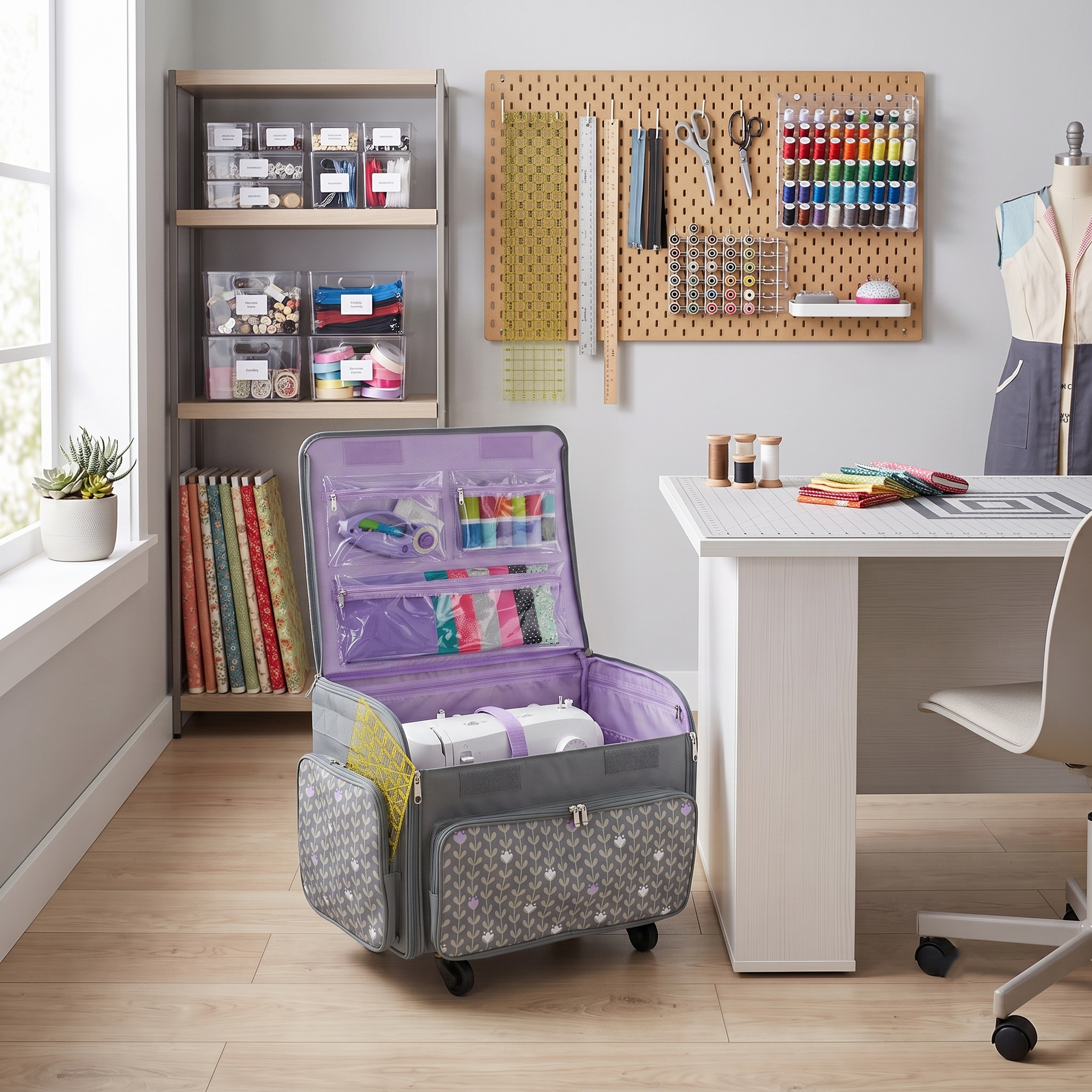 Everything Mary XL Rolling Sewing Machine Case with Wheels in Purple Floral – Sewing Machine Tote Bag for Travel, Classes & Quilting