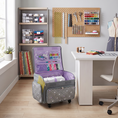 Everything Mary XL Rolling Sewing Machine Case with Wheels in Purple Floral – Sewing Machine Tote Bag for Travel, Classes & Quilting