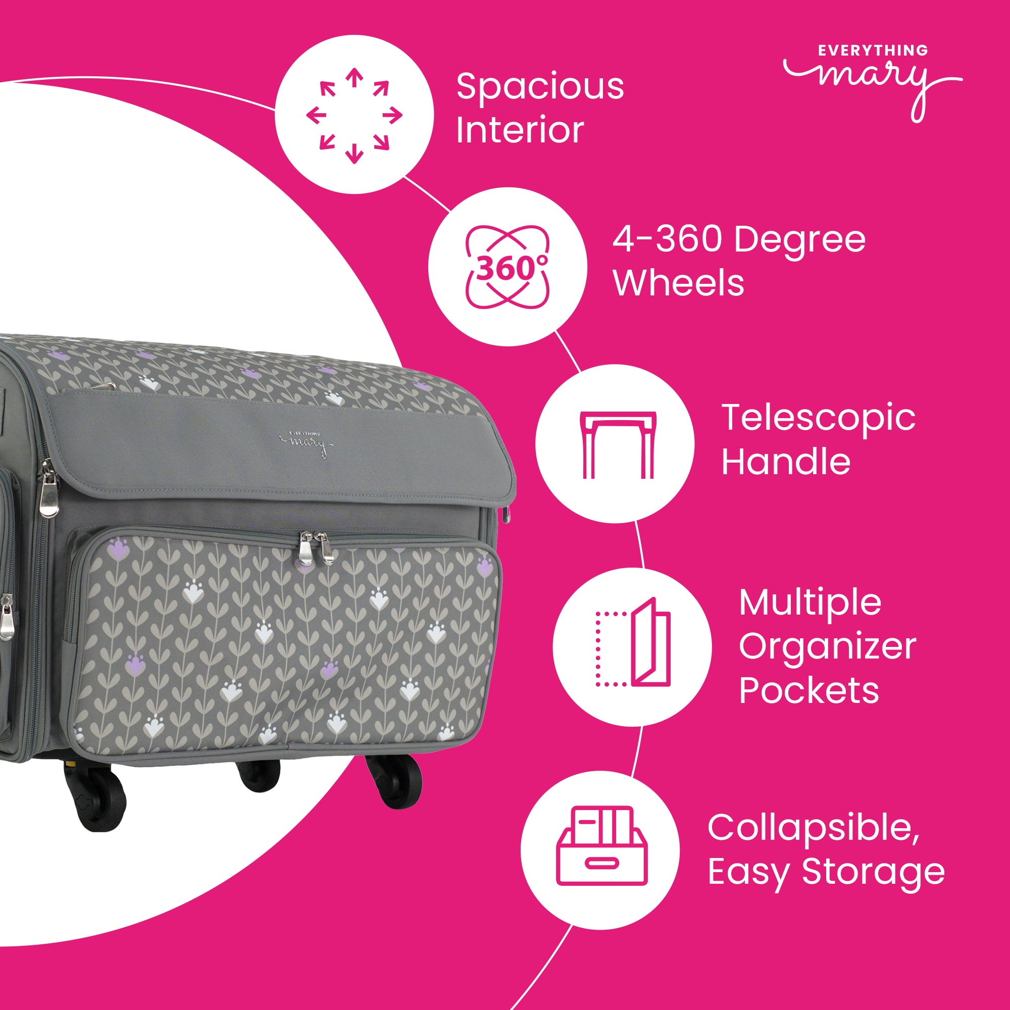 Everything Mary XL Rolling Sewing Machine Case with Wheels in Purple Floral – Sewing Machine Tote Bag for Travel, Classes & Quilting