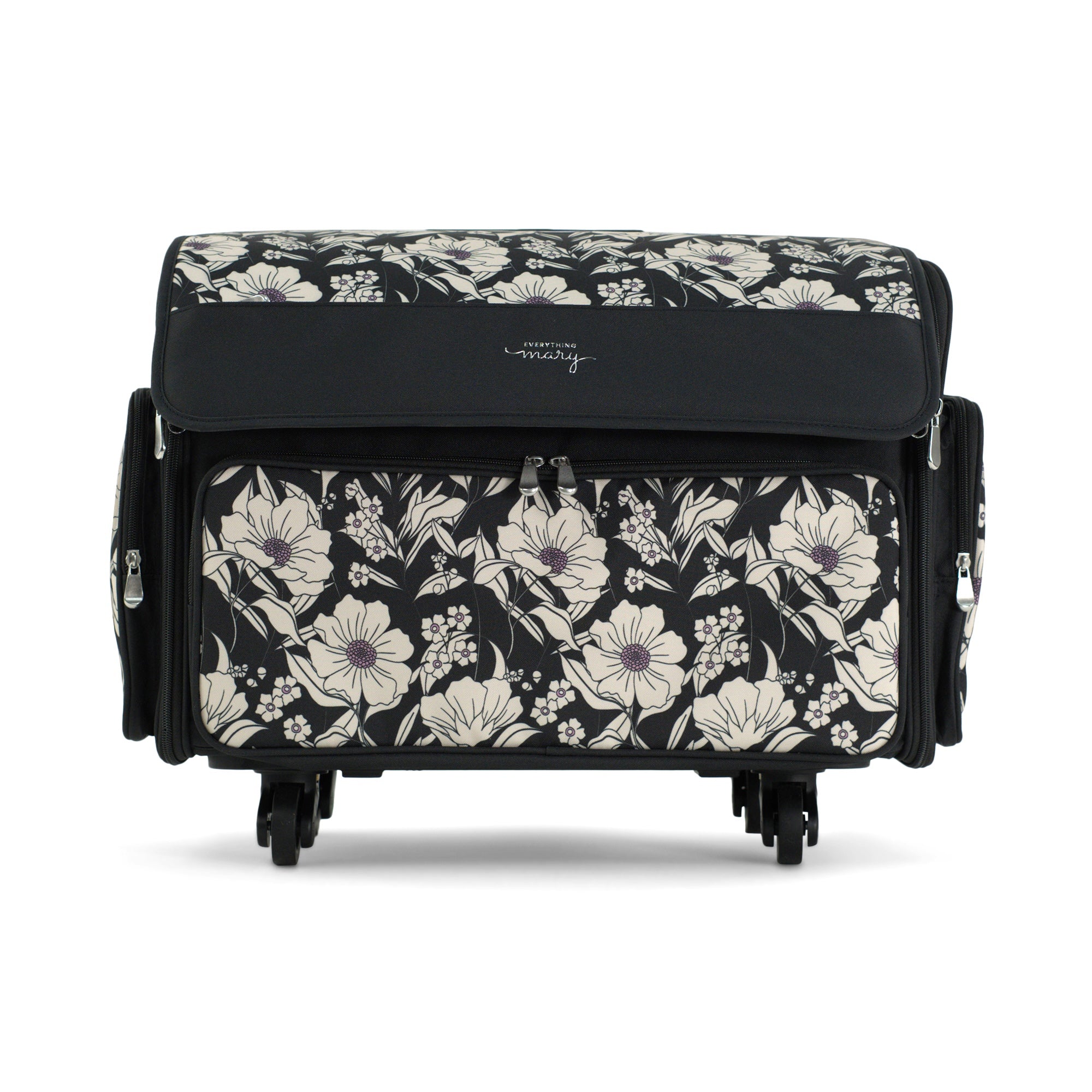 Everything Mary XL Rolling Sewing Machine Case with Wheels in Black Floral – Sewing Machine Tote Bag for Travel, Classes & Quilting