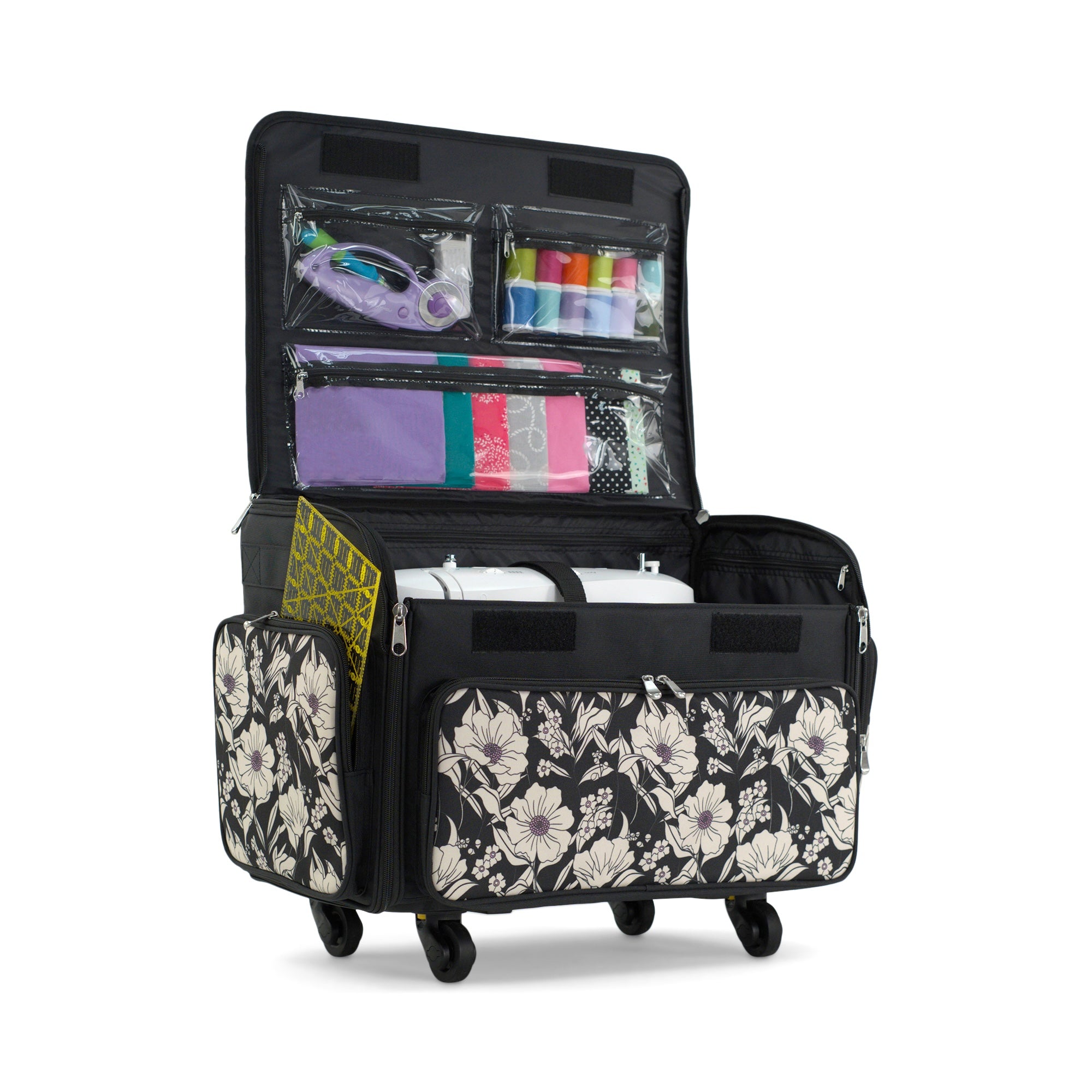 Everything Mary XL Rolling Sewing Machine Case with Wheels in Black Floral – Sewing Machine Tote Bag for Travel, Classes & Quilting
