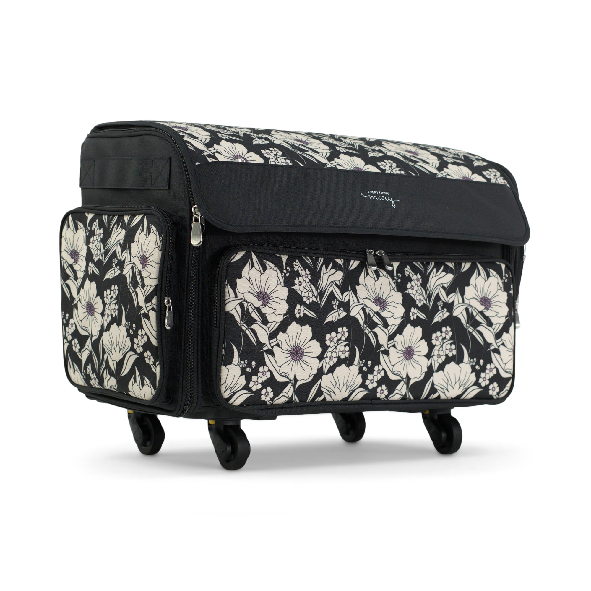 Everything Mary XL Rolling Sewing Machine Case with Wheels in Black Floral – Sewing Machine Tote Bag for Travel, Classes & Quilting