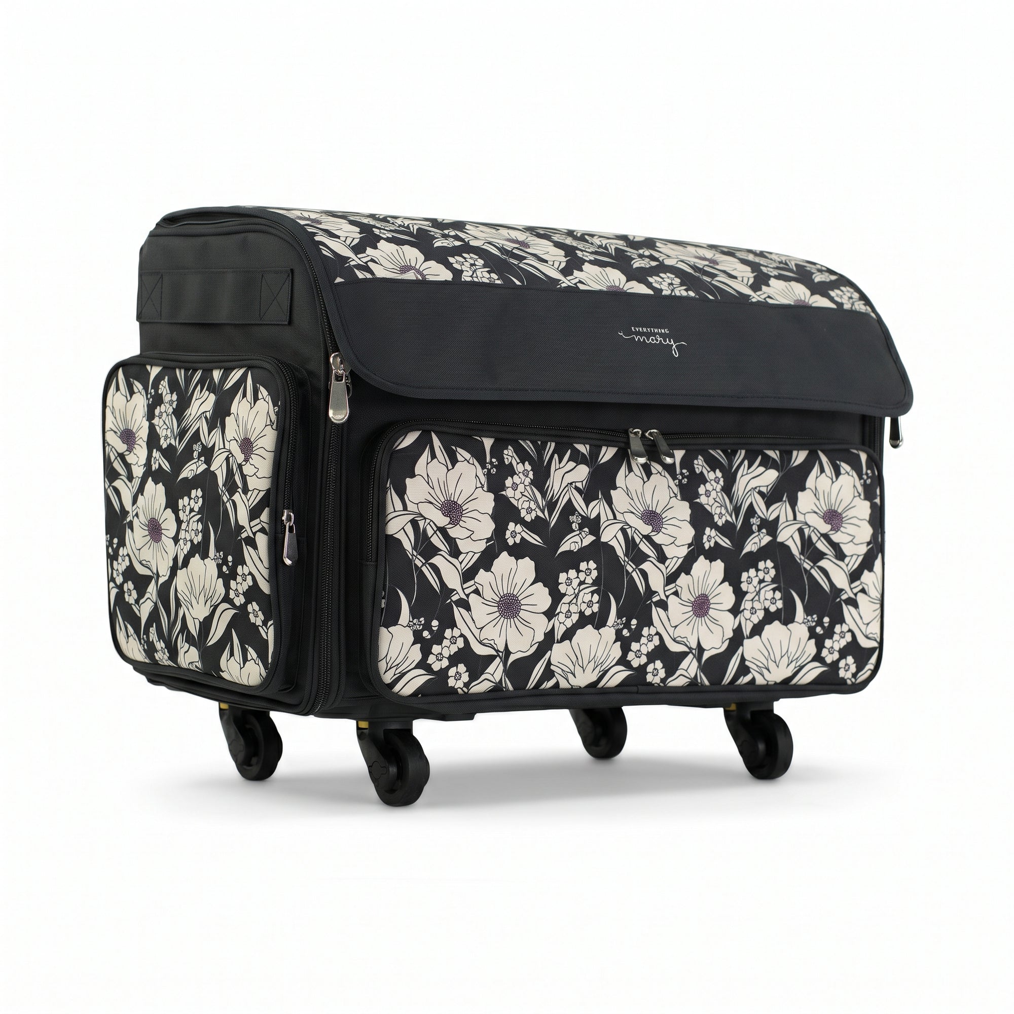 Everything Mary XL Rolling Sewing Machine Case with Wheels in Black Floral – Sewing Machine Tote Bag for Travel, Classes & Quilting