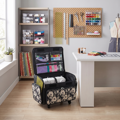 Everything Mary XL Rolling Sewing Machine Case with Wheels in Black Floral – Sewing Machine Tote Bag for Travel, Classes & Quilting