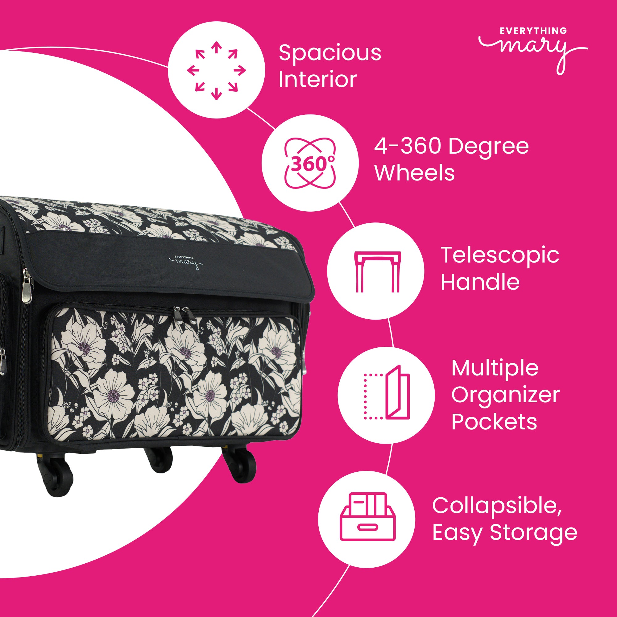 Everything Mary XL Rolling Sewing Machine Case with Wheels in Black Floral – Sewing Machine Tote Bag for Travel, Classes & Quilting