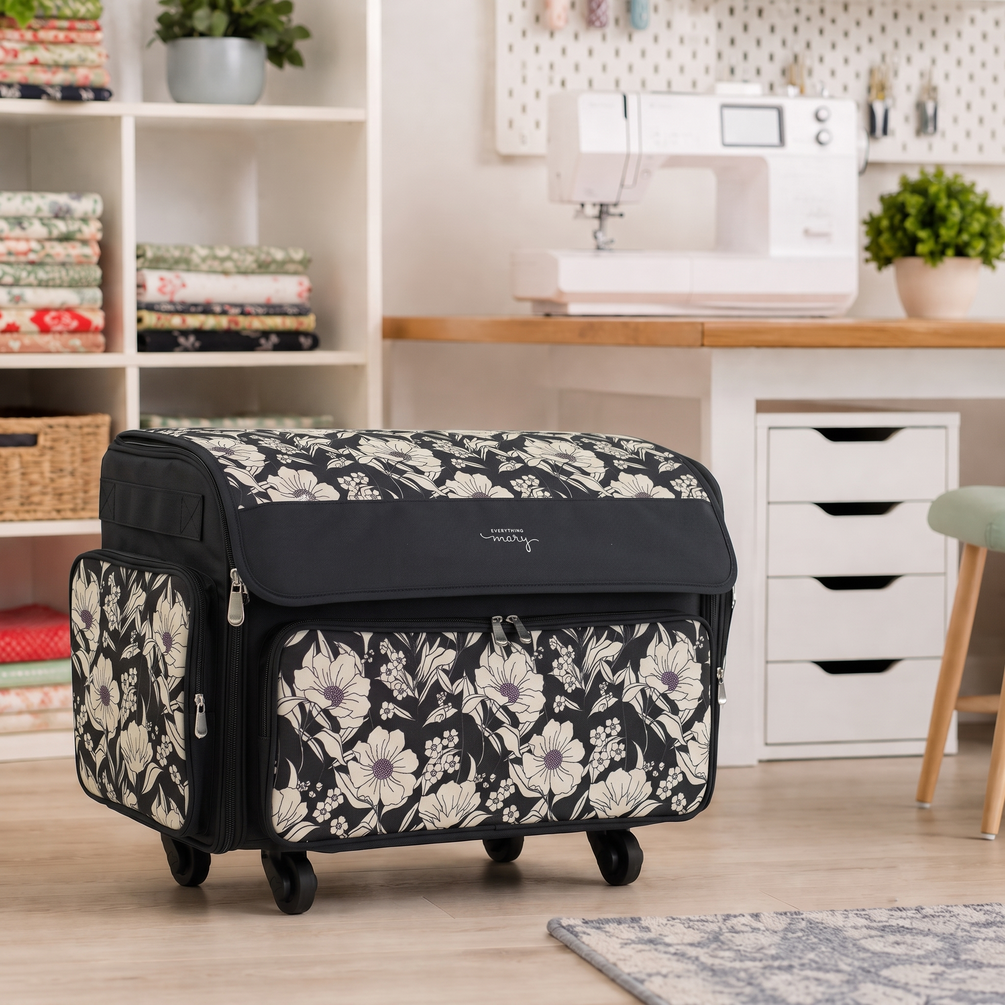 Everything Mary XL Rolling Sewing Machine Case with Wheels in Black Floral – Sewing Machine Tote Bag for Travel, Classes & Quilting