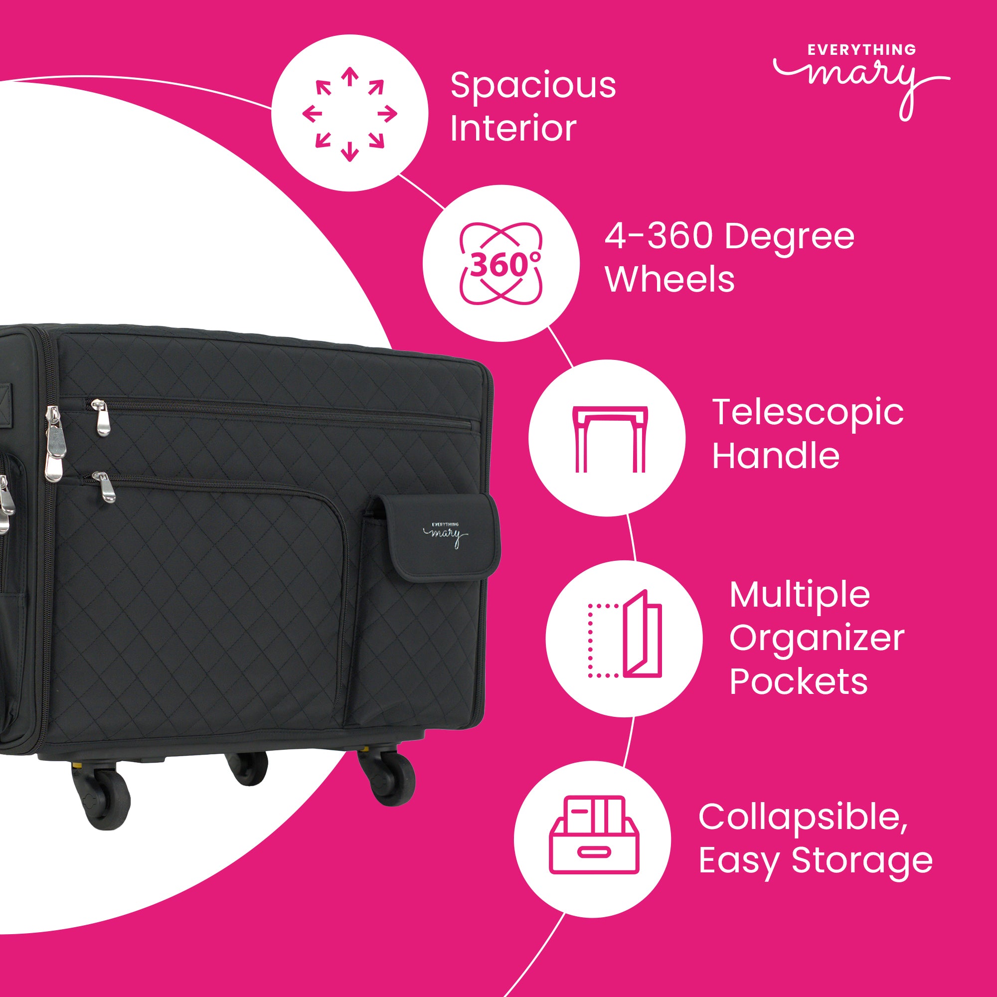 Everything Mary XL Rolling Sewing Machine Case with Wheels in Black Quilted – Sewing Machine Tote Bag for Travel, Classes & Quilting