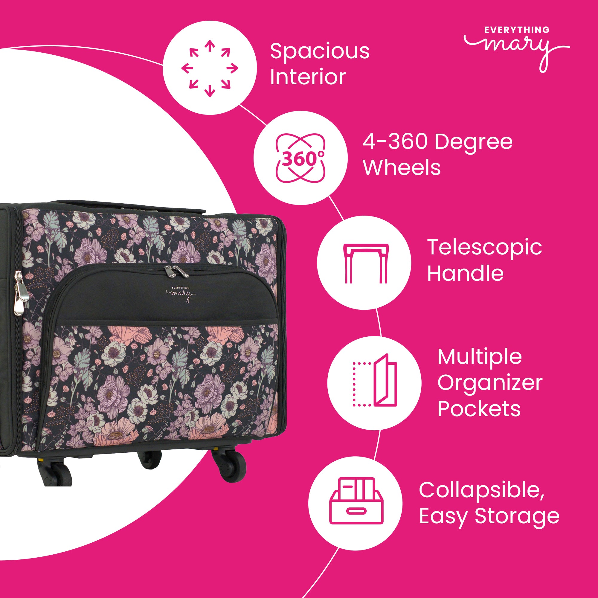 Everything Mary XL Rolling Sewing Machine Case with Wheels in Purple Flower – Sewing Machine Tote Bag for Travel, Classes & Quilting