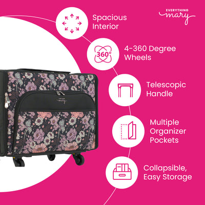Everything Mary XL Rolling Sewing Machine Case with Wheels in Purple Flower – Sewing Machine Tote Bag for Travel, Classes & Quilting
